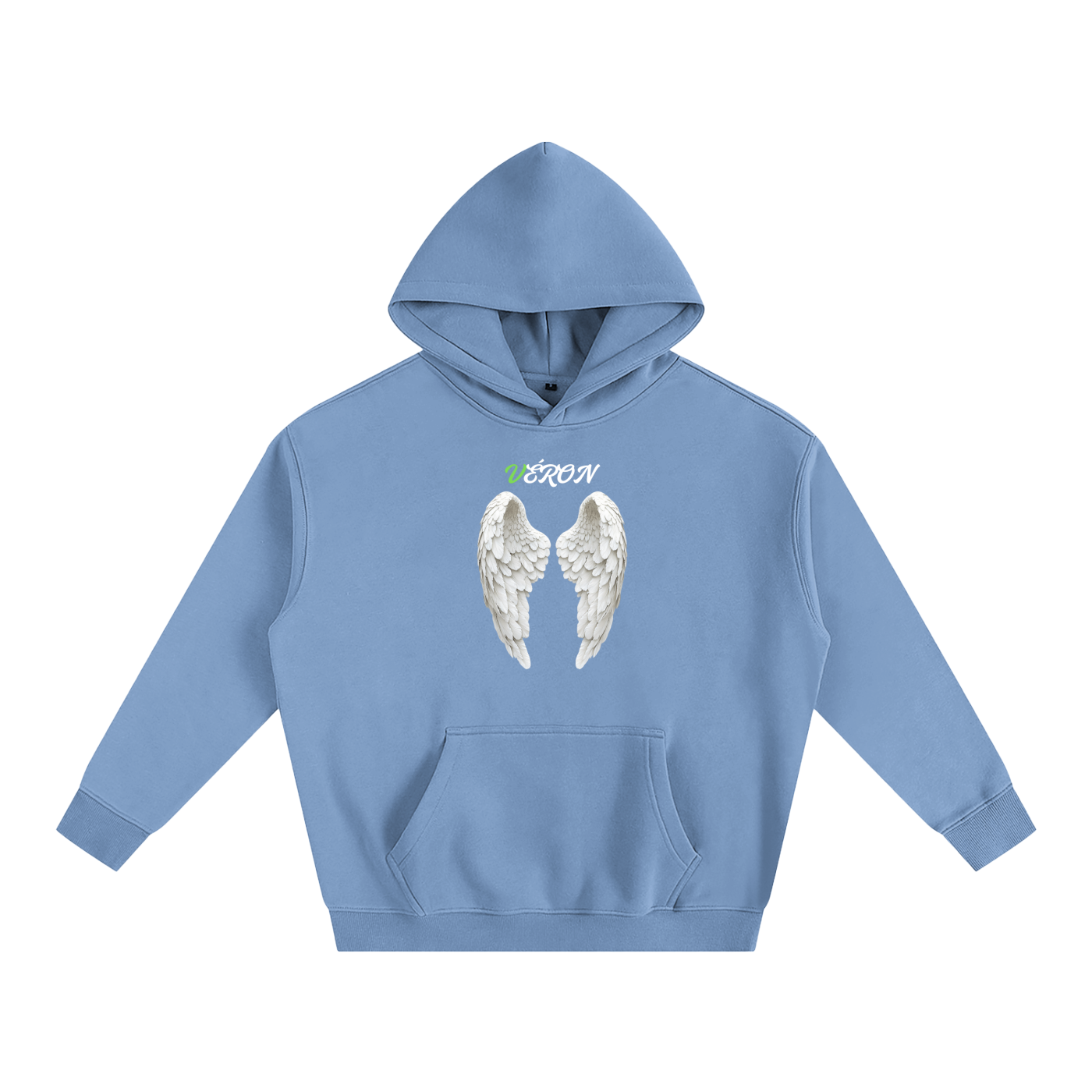 Blue hoodie with angel wings and text on a white background