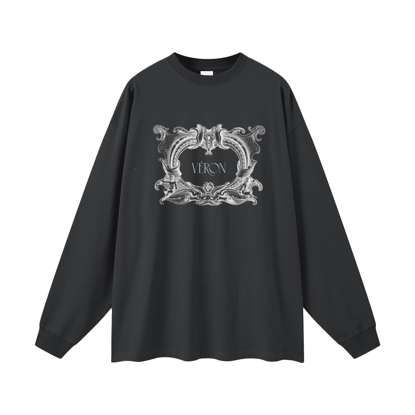 Black long-sleeve shirt with decorative emblem and 'VERON' text on a white background