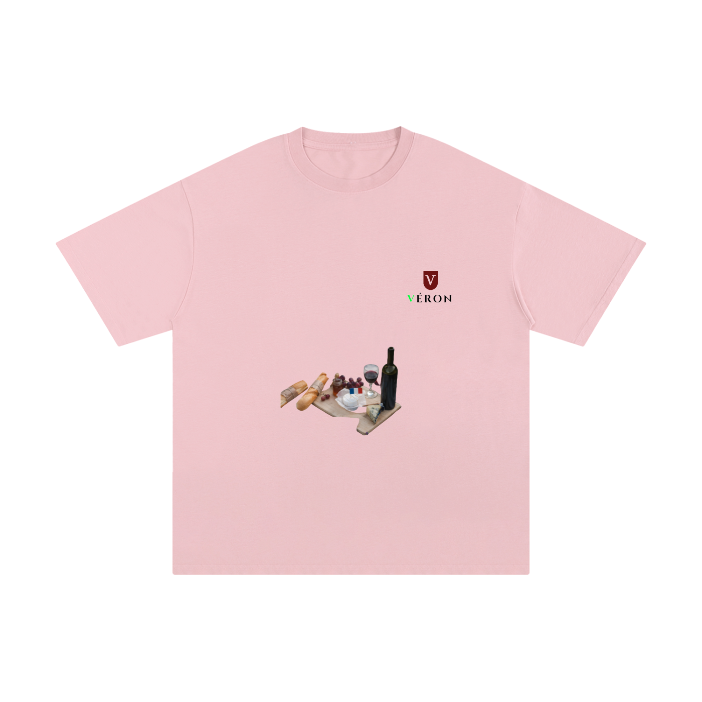 Pink t-shirt with a small graphic and brand logo on a white background