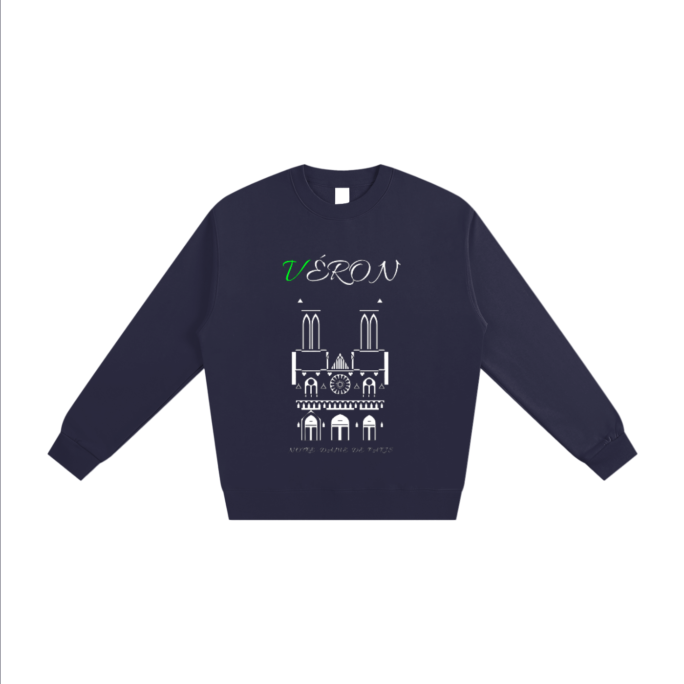 Detailed stitching on VÉRON heavyweight sweater inspired by Notre-Dame.