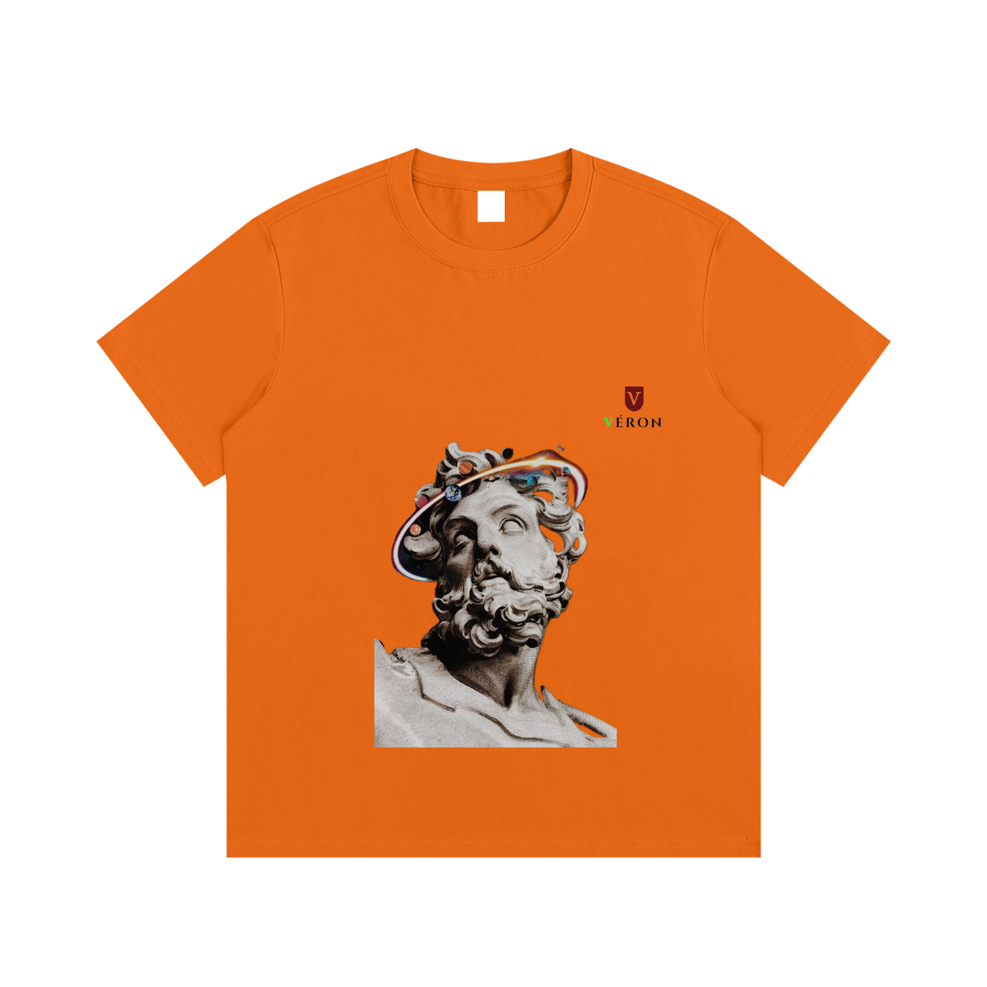 Orange t-shirt with a statue graphic and brand logo on a white background