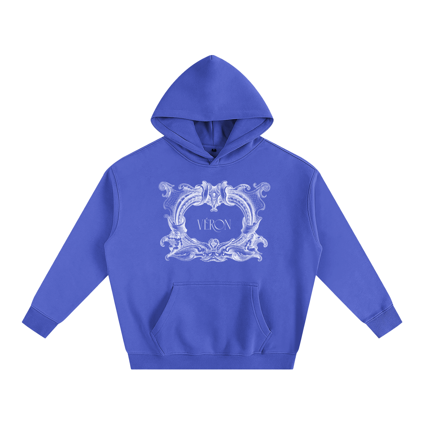 Blue hoodie with white decorative emblem and 'VERON' text on a white background