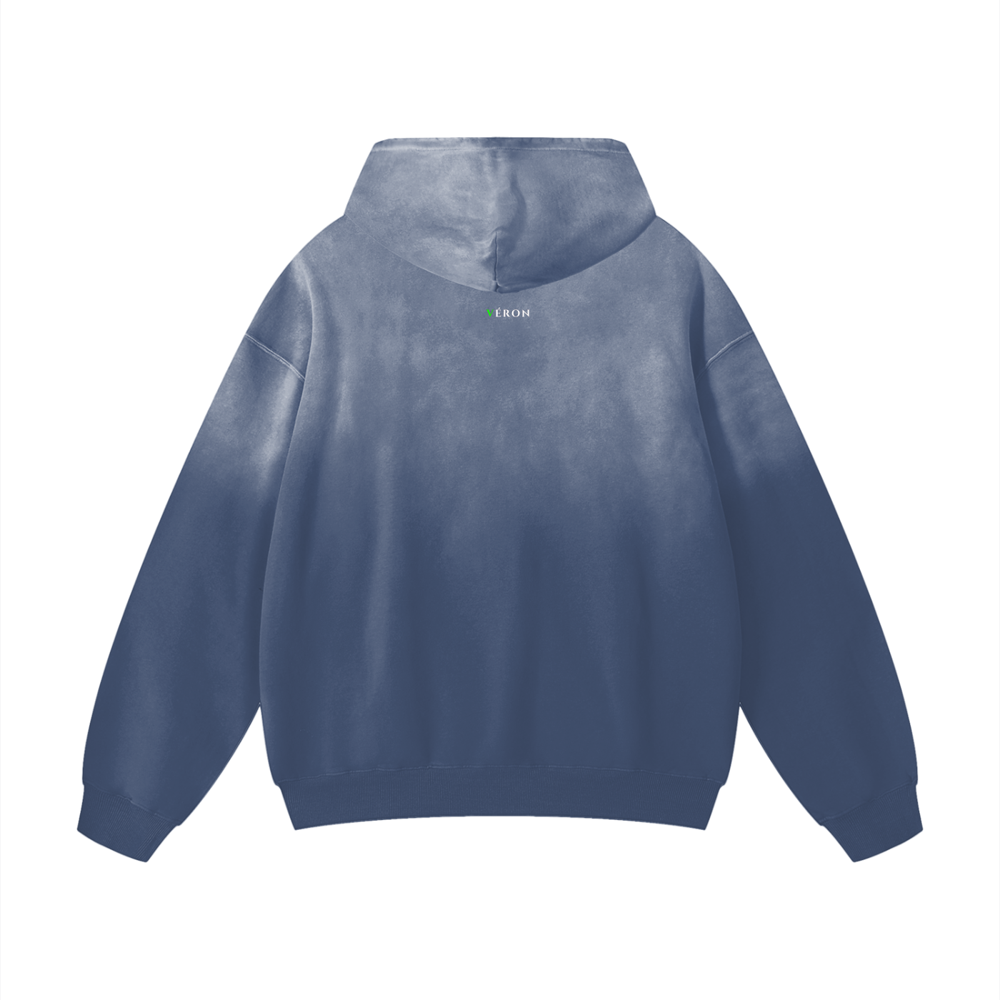 Blue hoodie with a brand logo on the back against a white background