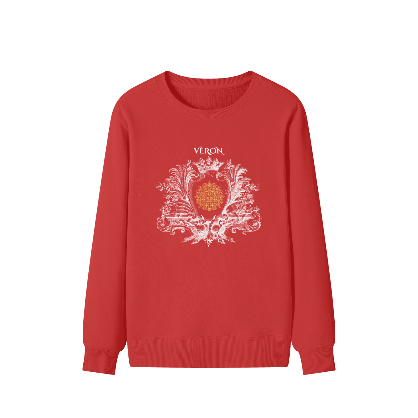 Red sweatshirt with decorative design and 'VERON' text on a white background