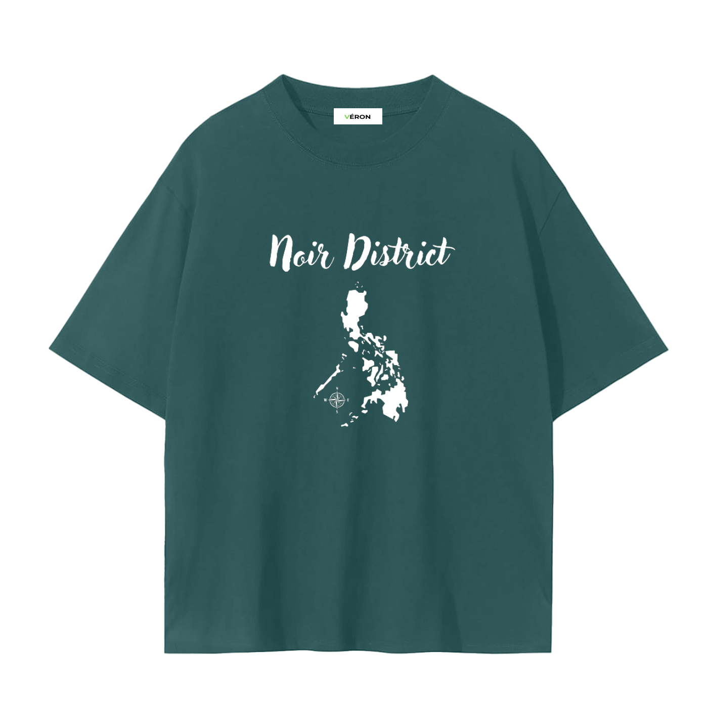 Teal t-shirt with 'Noir District' text and graphic on a white background
