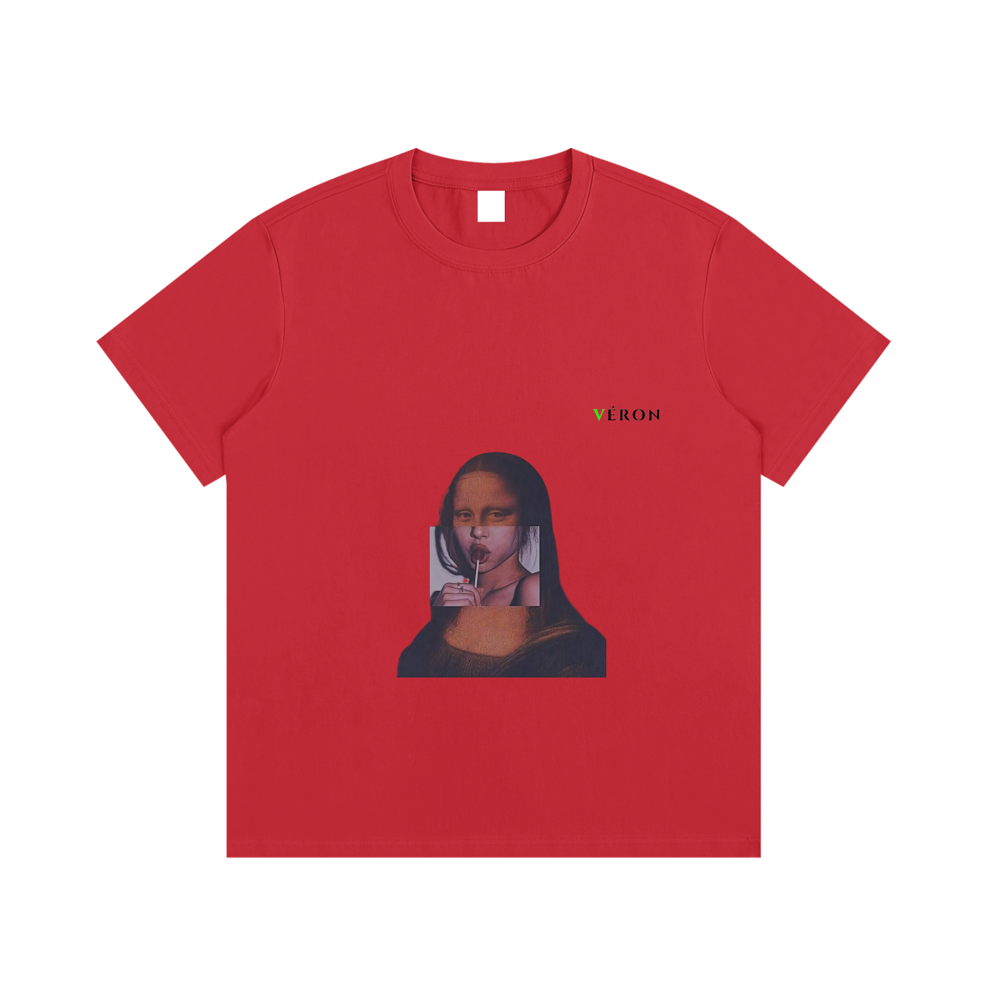 Red t-shirt with a graphic design of a famous painting and the brand 'VERON' on a white background