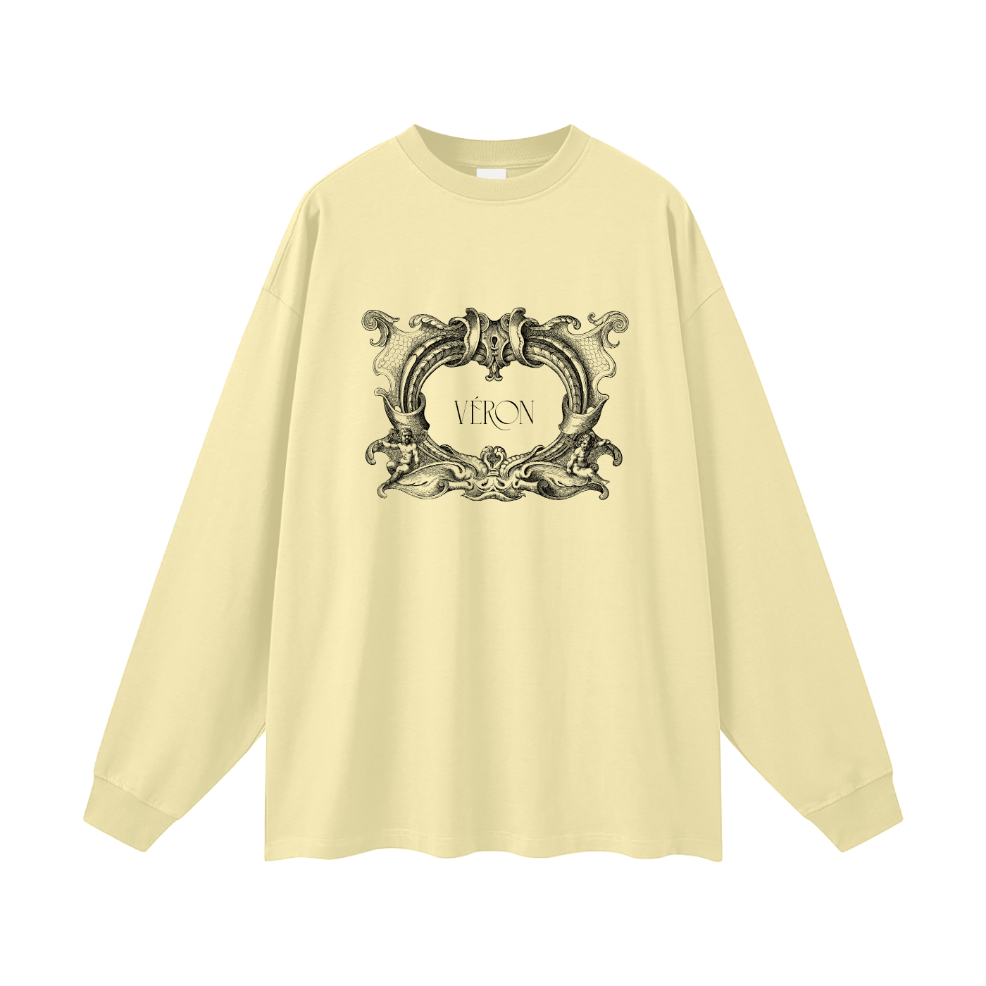Beige long-sleeve shirt with decorative graphic and 'VERON' text on a white background
