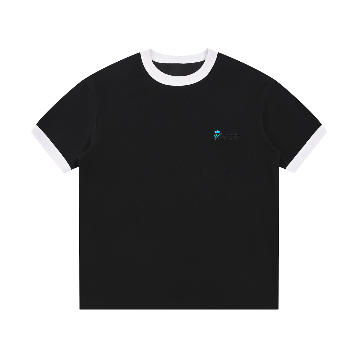 Black t-shirt with white trim on a white background