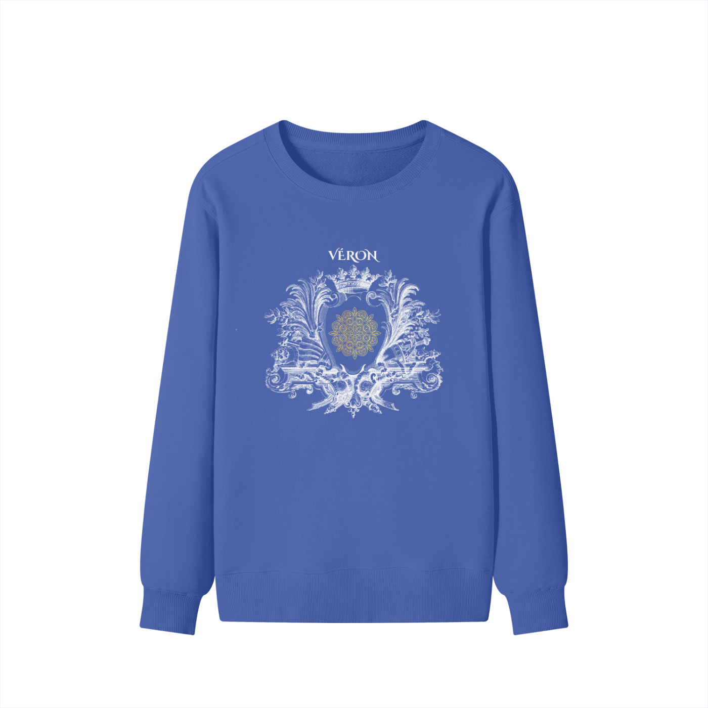 Blue sweatshirt with decorative design and 'Véron' text on a white background