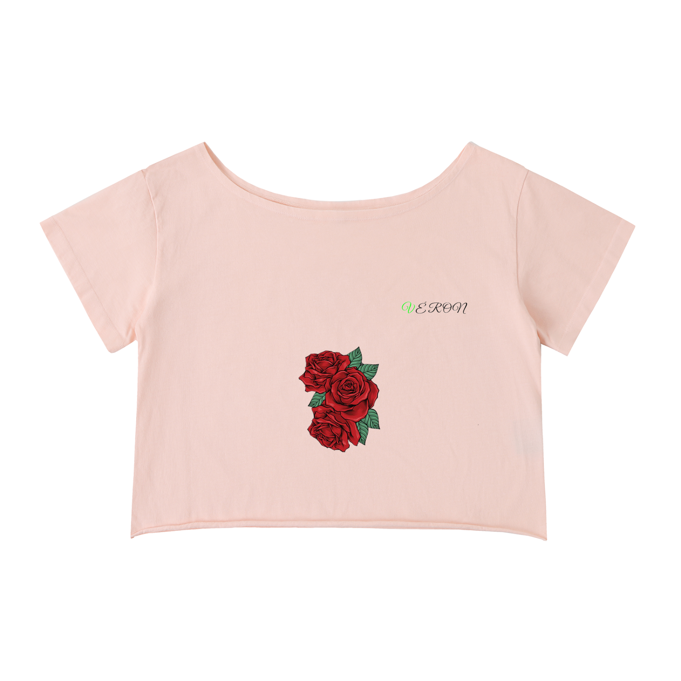 Pink crop top with red rose T-shirt embroidery on a white background