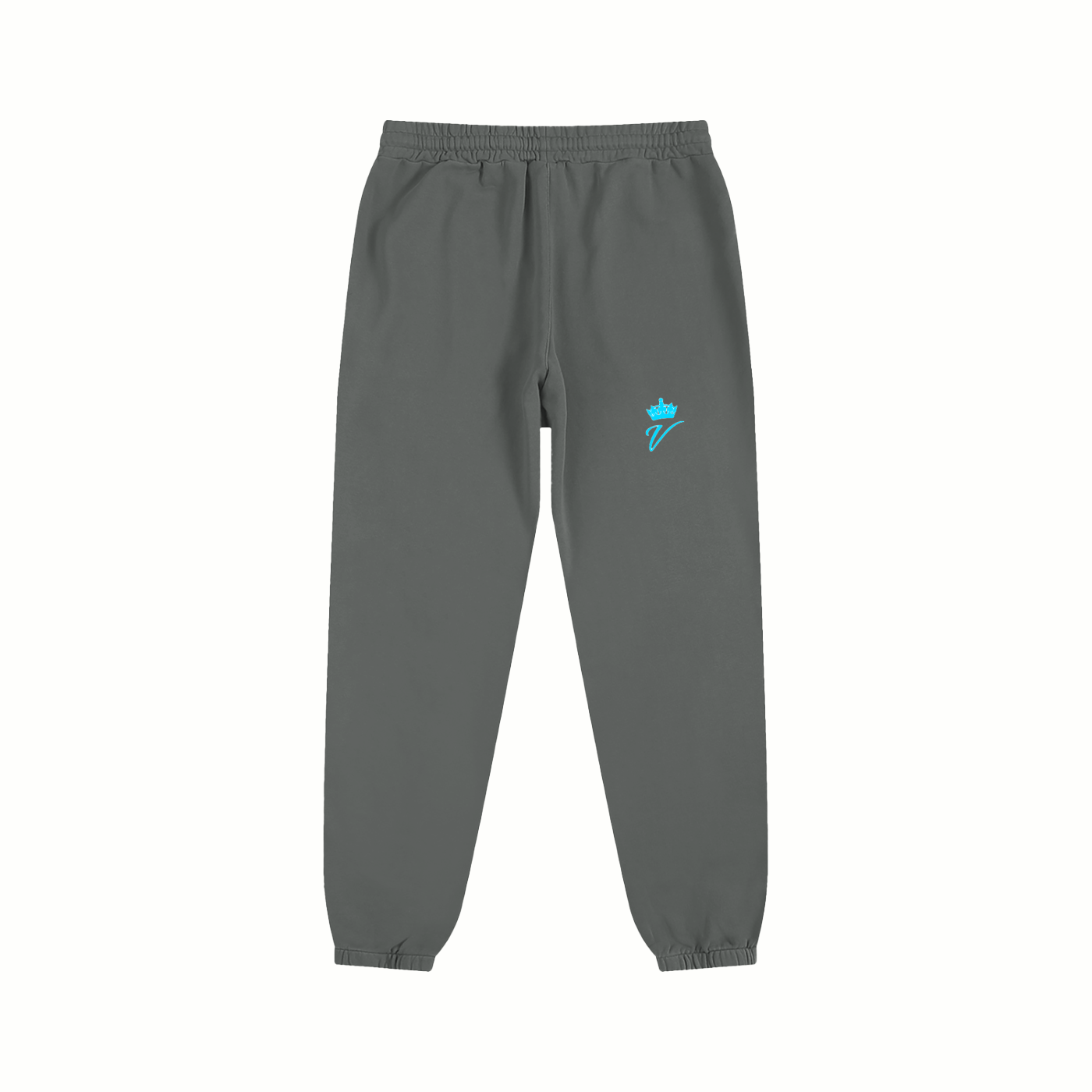 Gray sweatpants with a small blue logo on a white background.