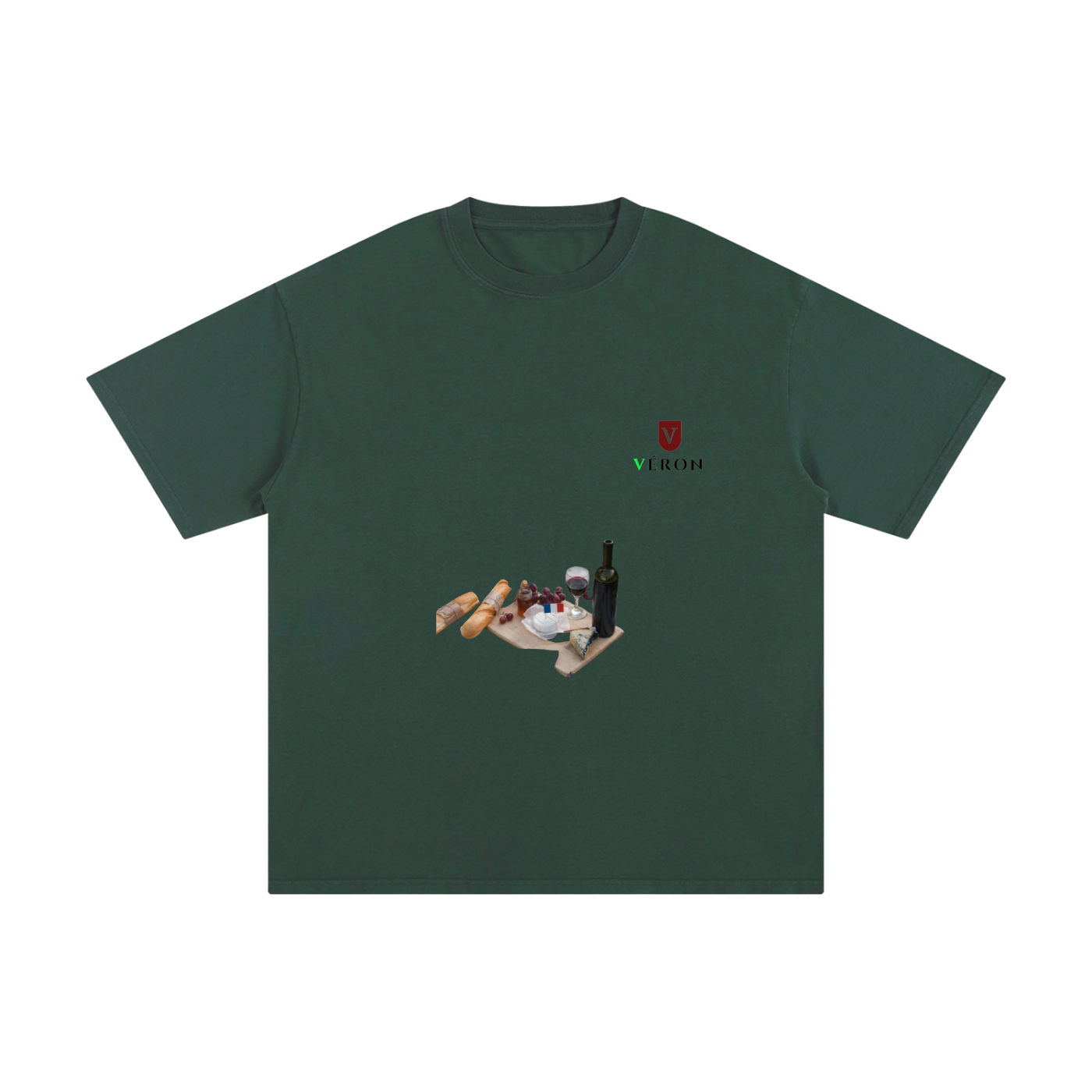 VERON Green t-shirt with a graphic design on a white background