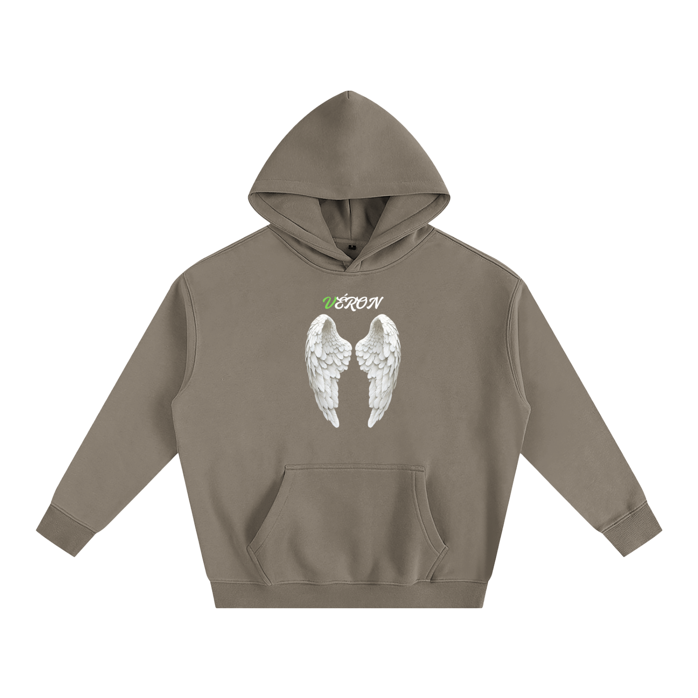 Brown hoodie with angel wings and 'VERON' logo on a white background