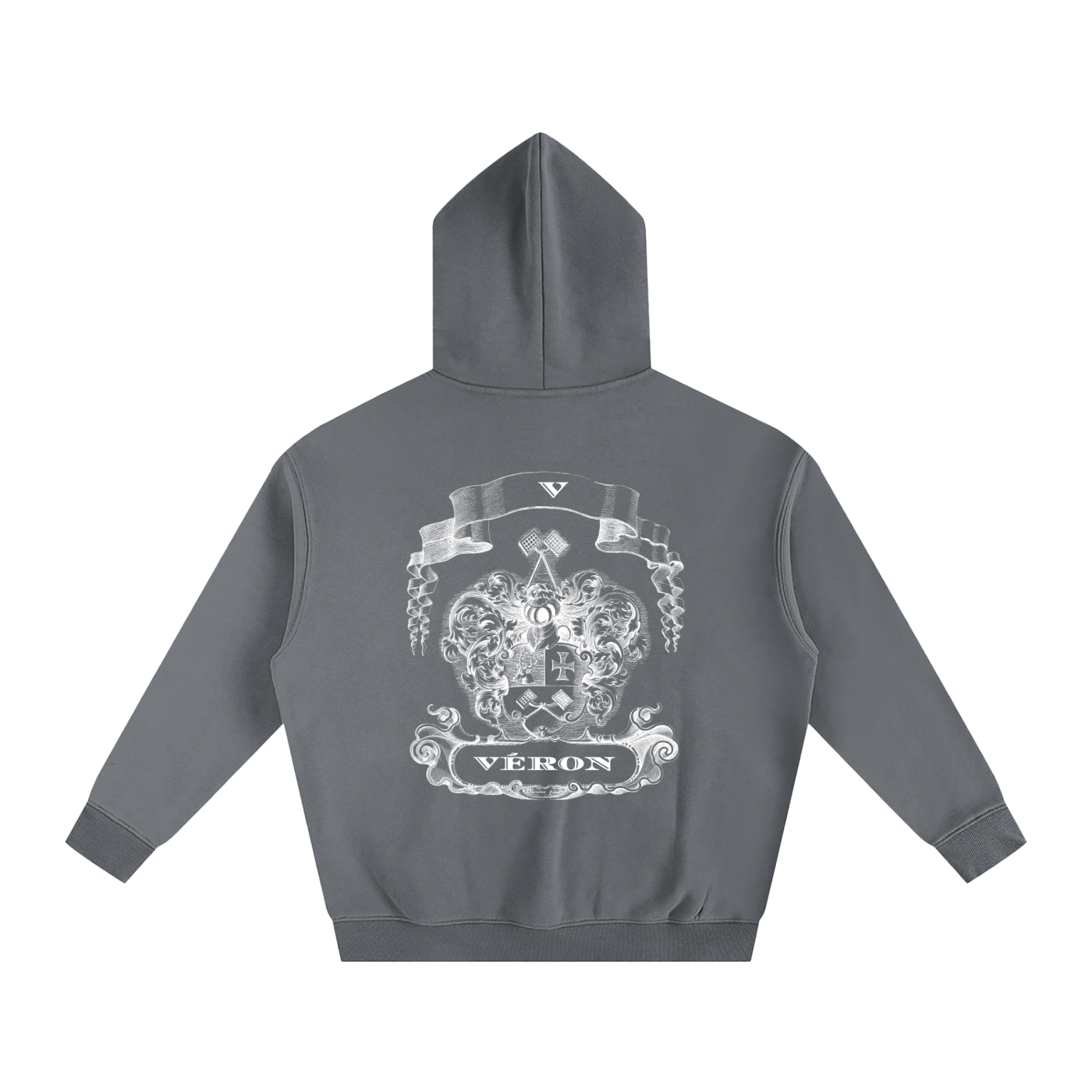 Gray hoodie with a white emblem and 'VERON' text on the back against a white background