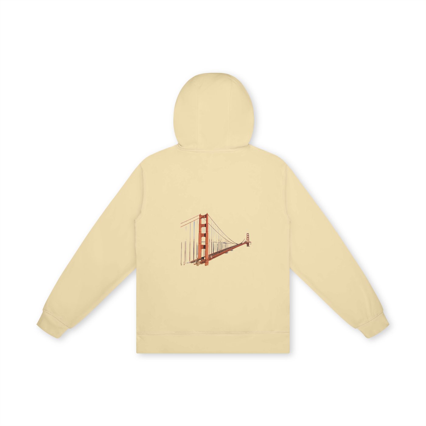Beige hoodie with a graphic of the Golden Gate Bridge on the back, on a white background
