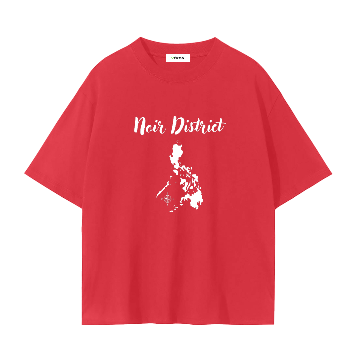 Red t-shirt with 'Noir District' text and graphic on a white background