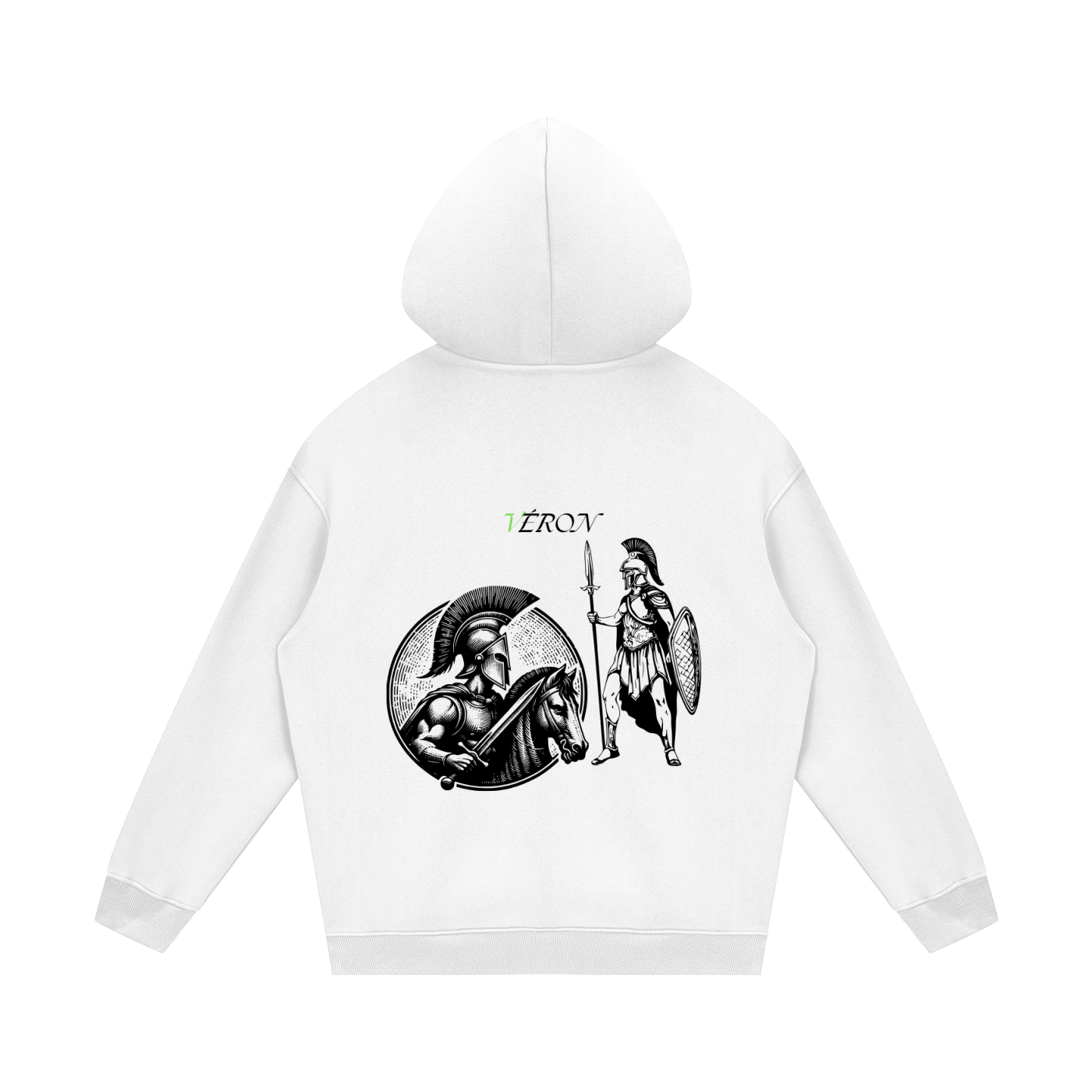 VERON White hoodie with black graphics on a white background