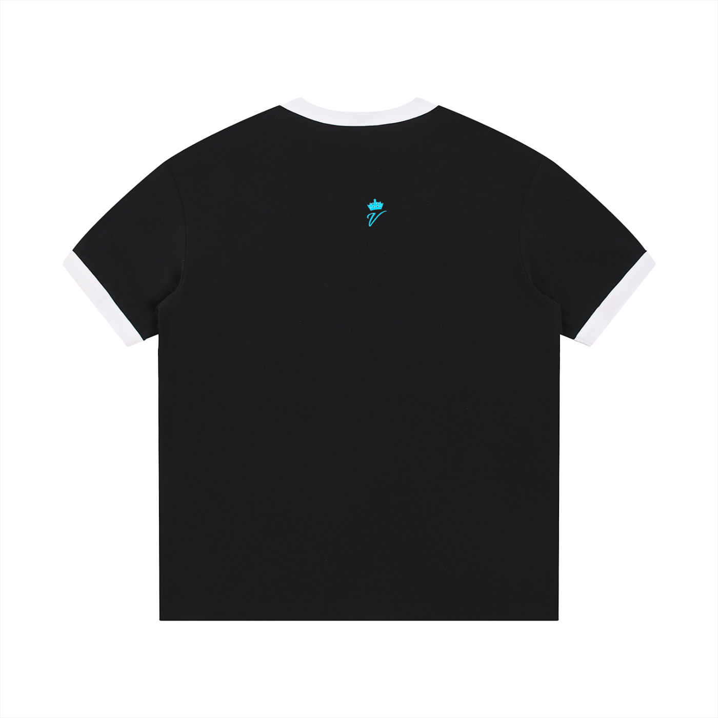 Black t-shirt with a small blue logo on the back against a white background