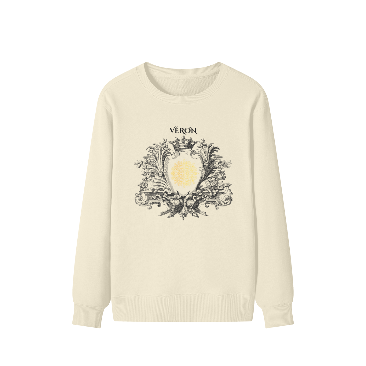 White Sweatshirt with decorative design and 'Véron' text on a white background