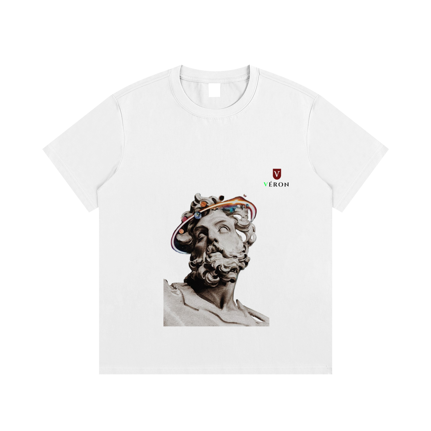 White t-shirt with classical sculpture graphic and 'VERON' logo on a white background
