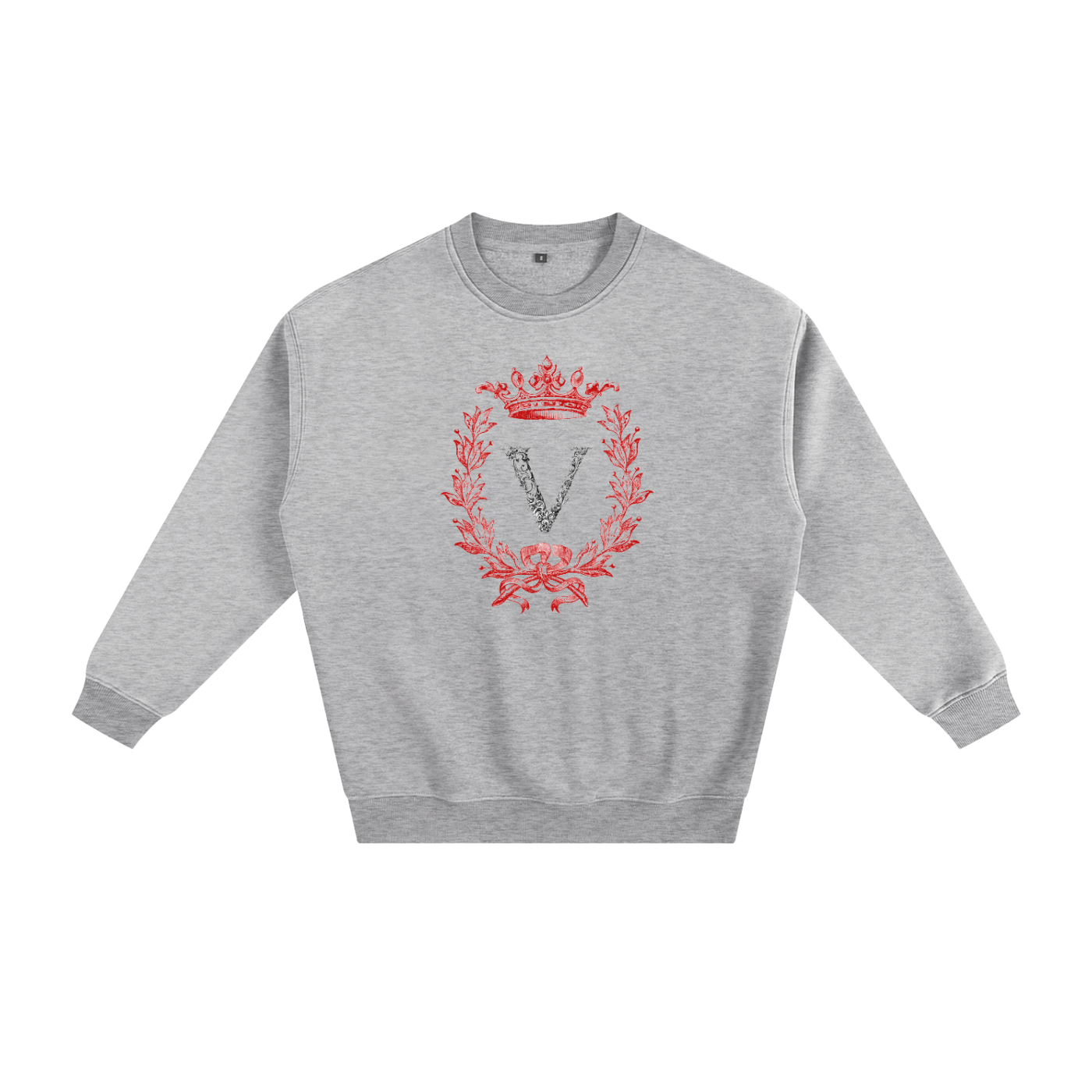 Gray sweatshirt with a red emblem on a white background