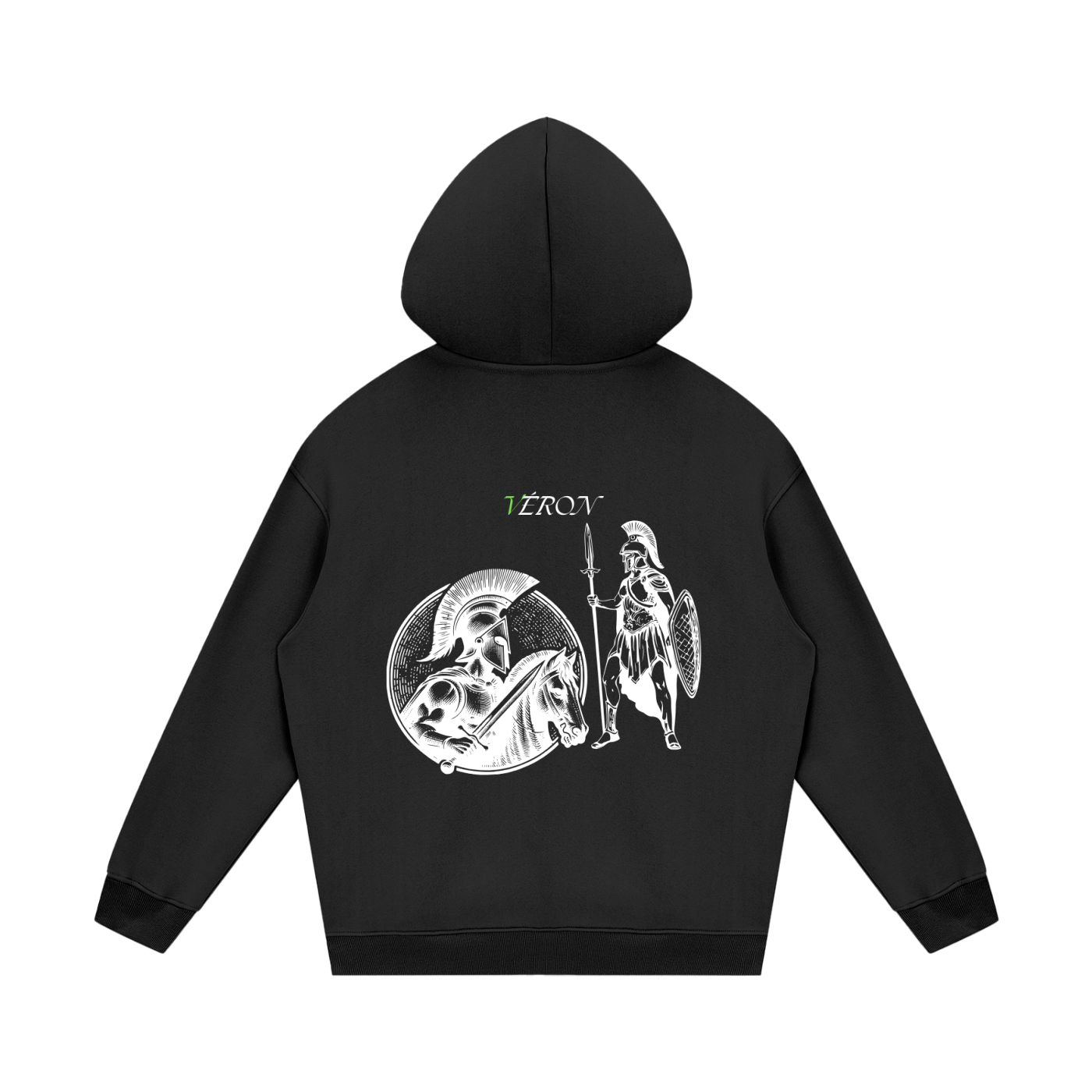 VERON Black hoodie with graphic design on the back on a white background