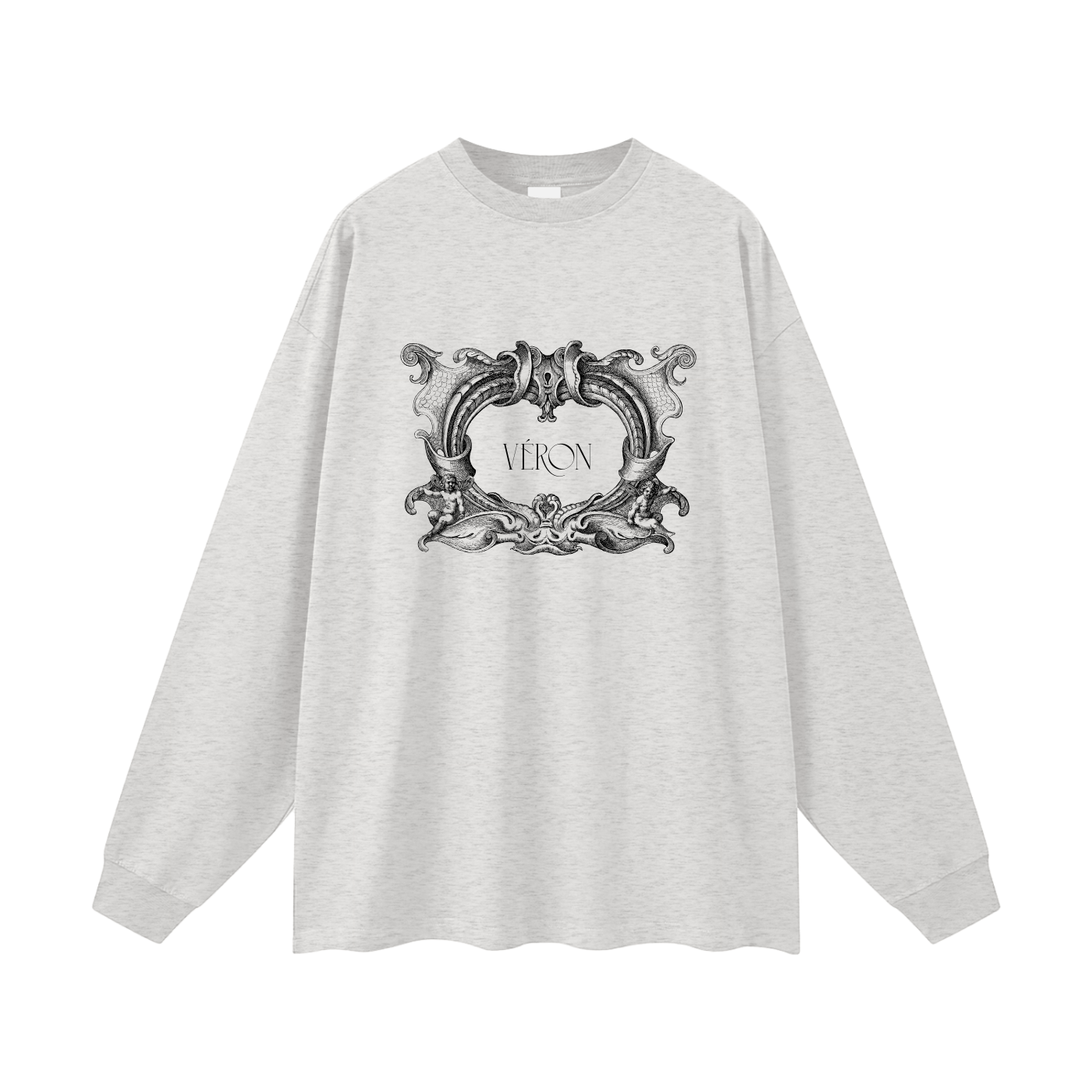 Gray long-sleeve shirt with decorative emblem and 'VERON' text on a white background