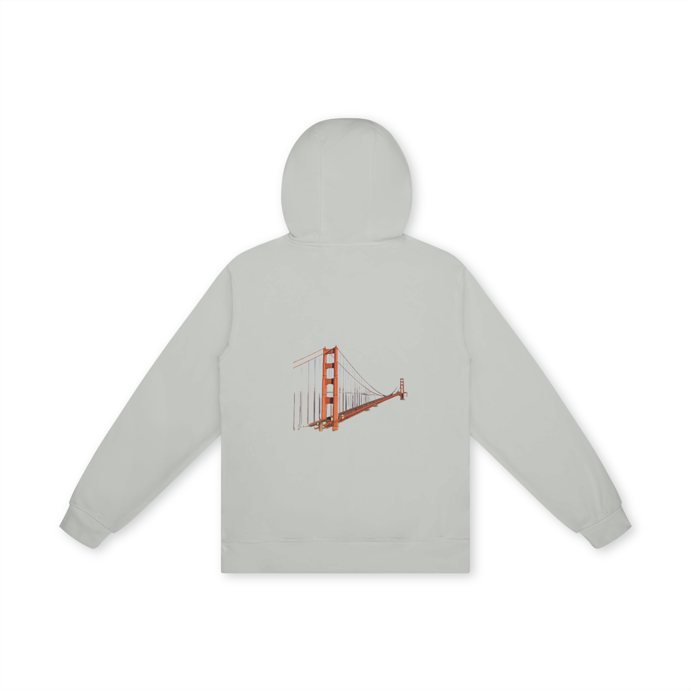 Light gray hoodie with a small graphic of the Golden Gate Bridge on the back, on a white background.