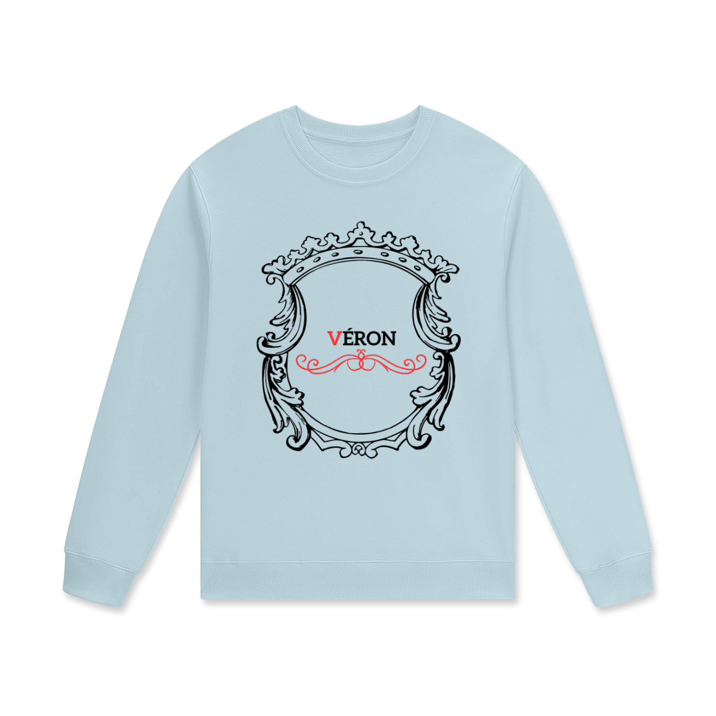 Light blue long-sleeve shirt with decorative emblem and 'Véron' text on a white background