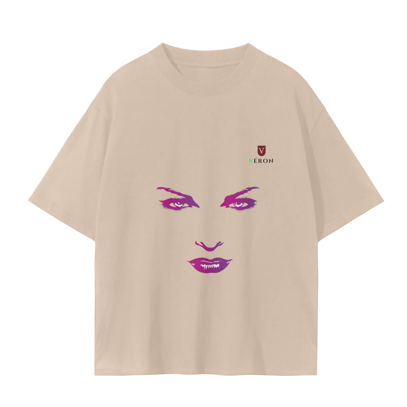 VERON Beige t-shirt with a face design and brand logo on a white background