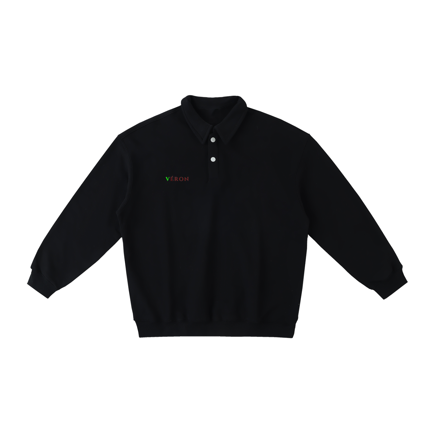 Detail of ribbed cuffs and hem on VÉRON polo-collar sweatshirt.