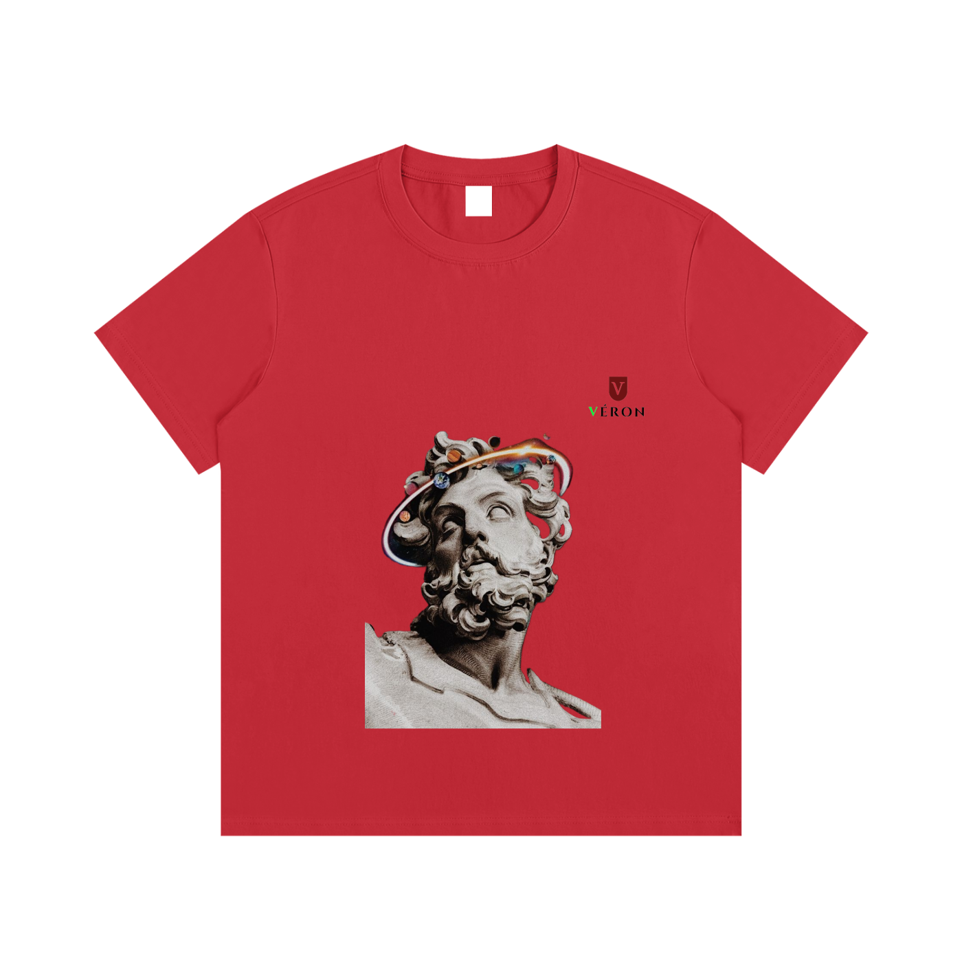 Red t-shirt with a graphic of a classical statue and 'VERON' branding on a white background