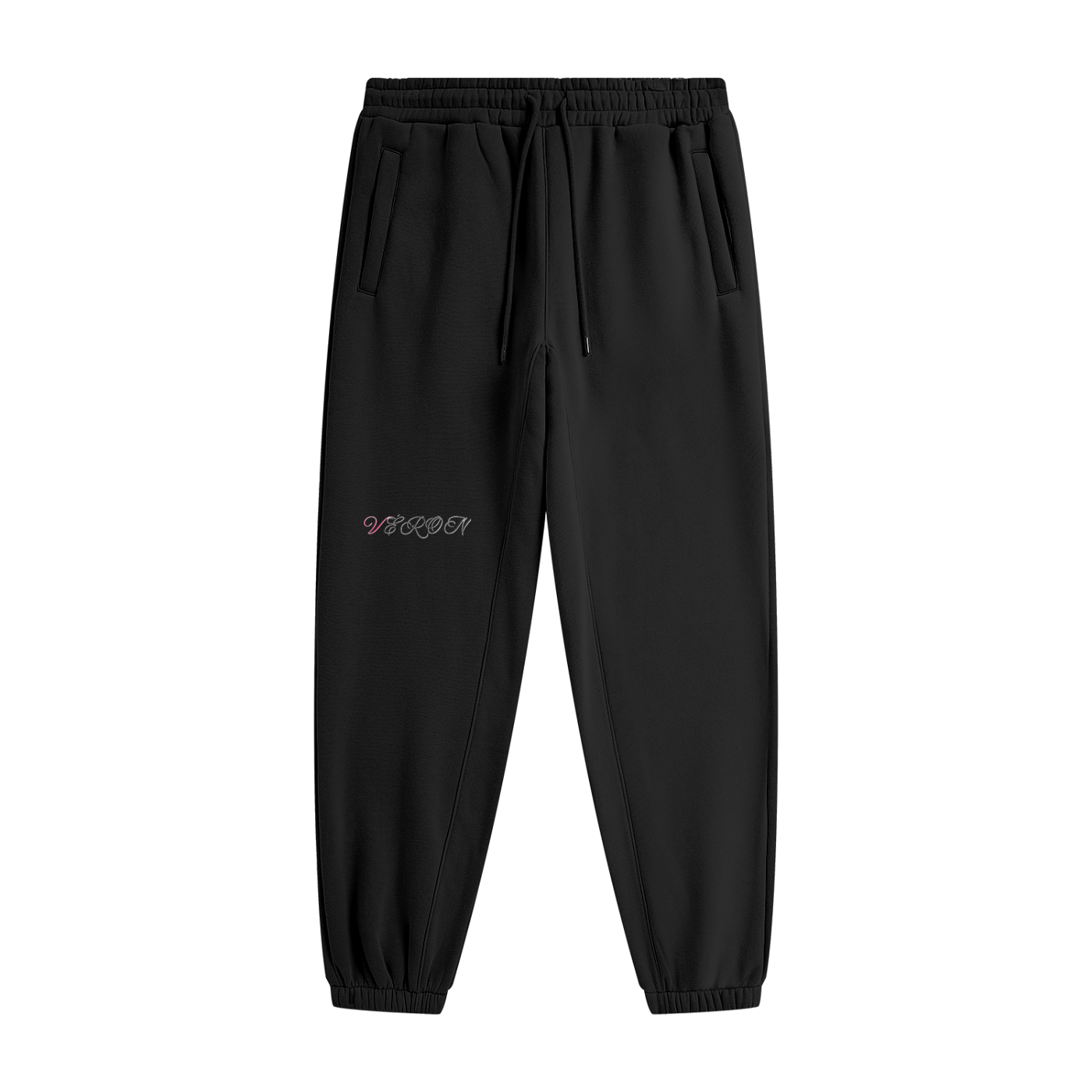 Black jogger pants with a brand logo on a white background