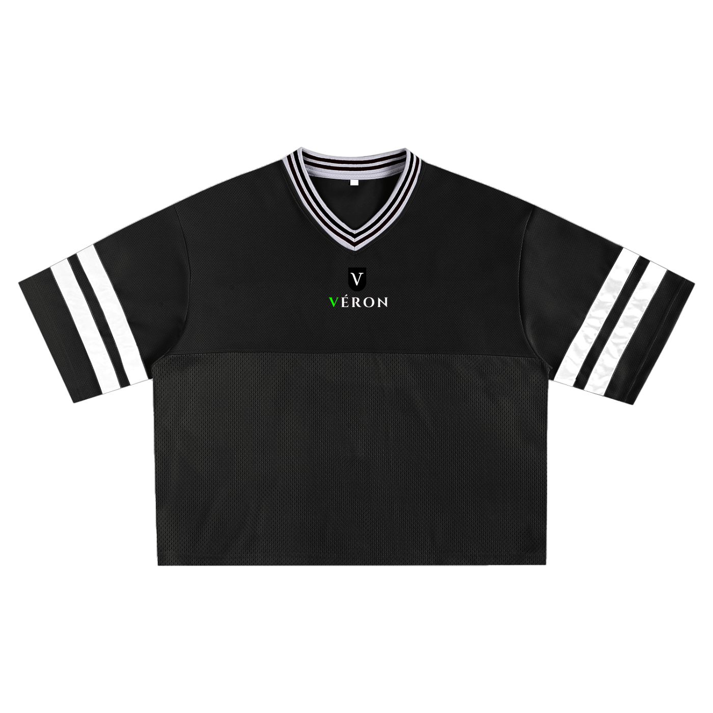 Black sports jersey with white accents and 'Véron' logo on a white background 1