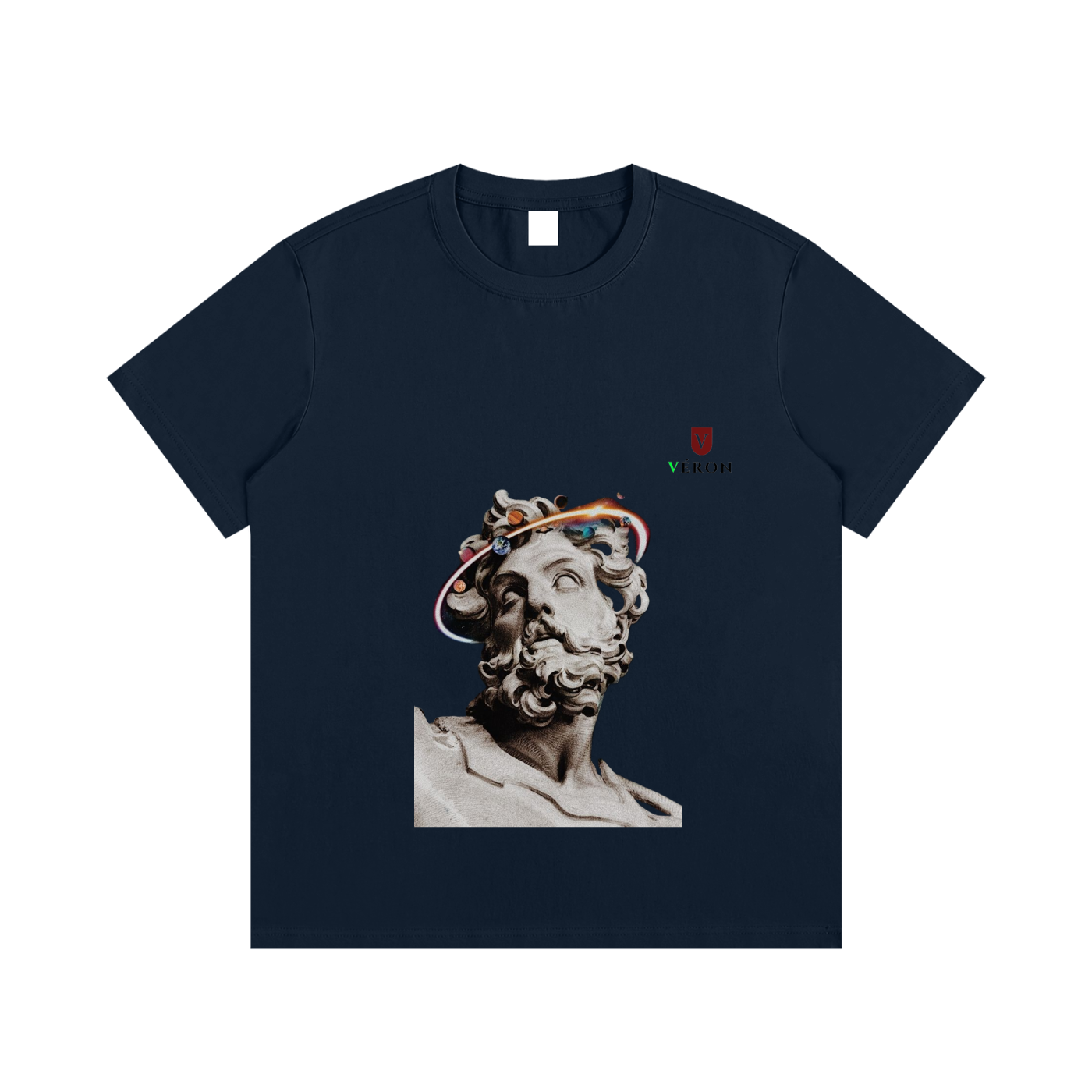 Navy blue t-shirt with a statue graphic and visible brand logo on a white background