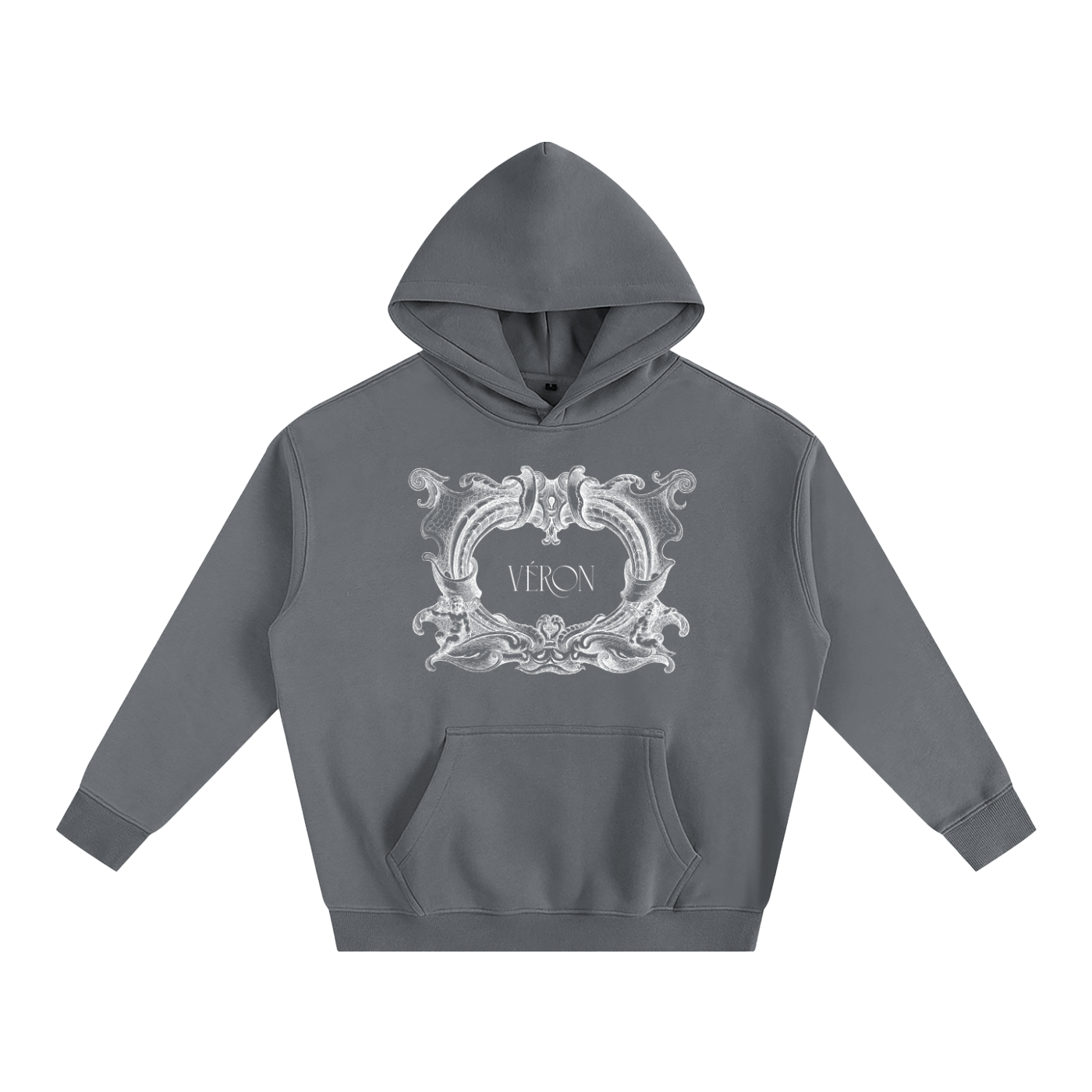 Gray hoodie with decorative emblem and 'VERON' text on a white background
