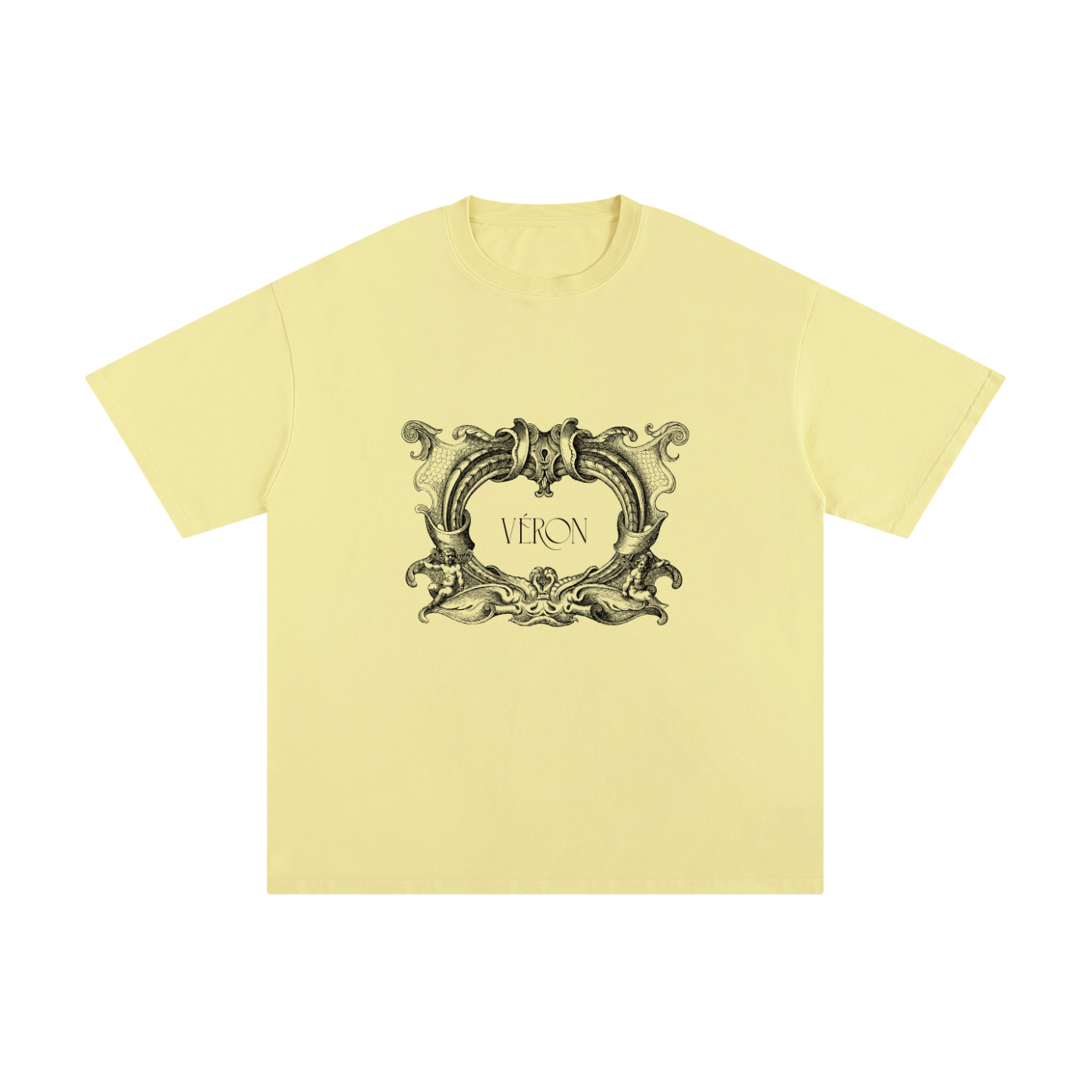 Yellow t-shirt with decorative black logo and 'VERON' text on a white background