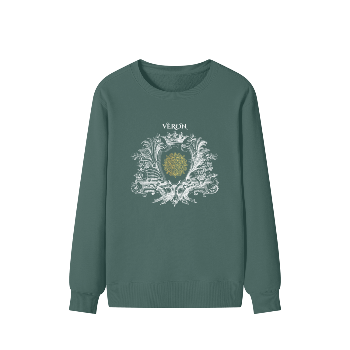 Green sweatshirt with decorative design and 'Véron' text on a white background