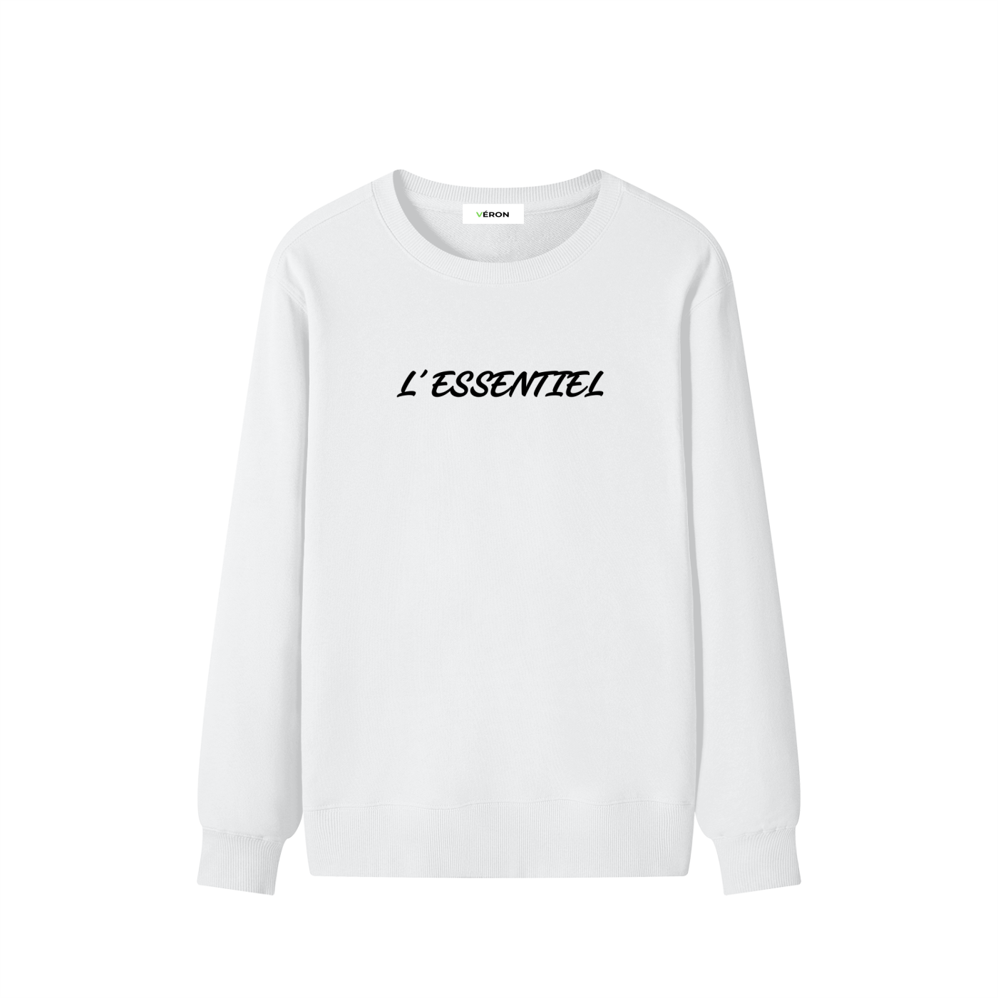 White long-sleeve shirt with 'L'ESSENTIEL' text on a white background