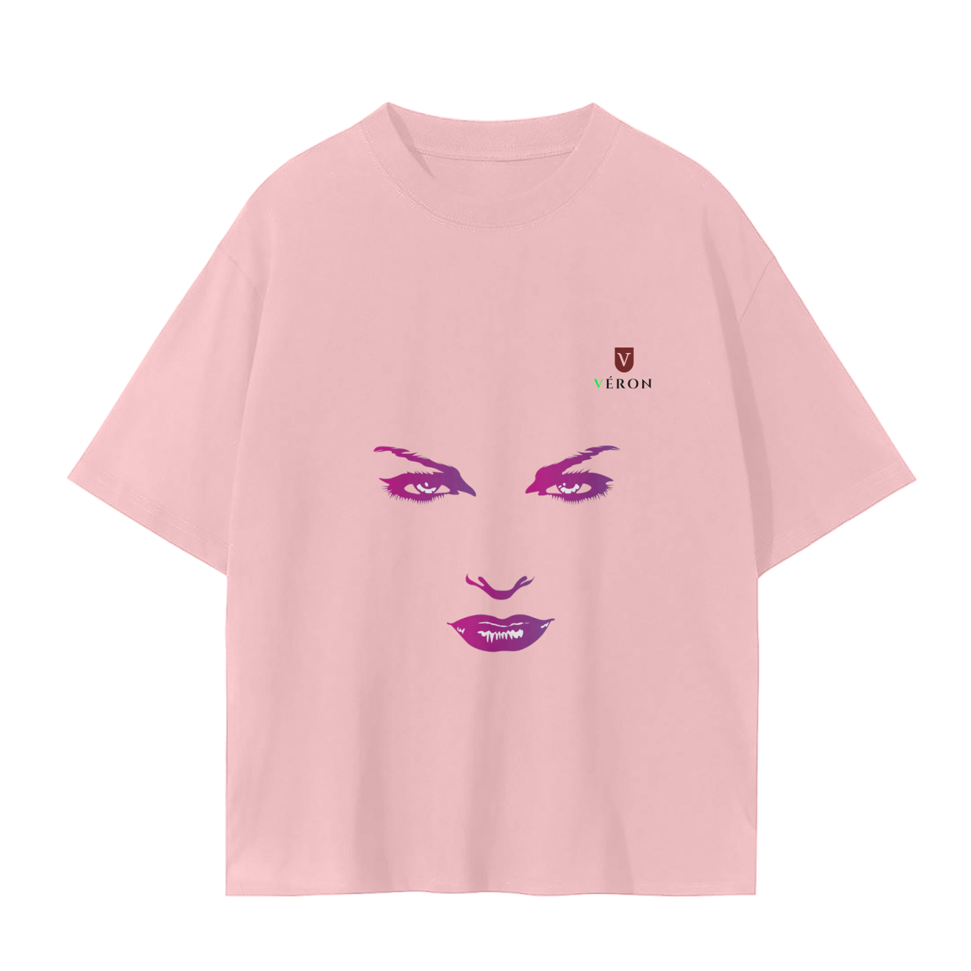 VERON Pink t-shirt with a stylized face design and brand logo on a white background