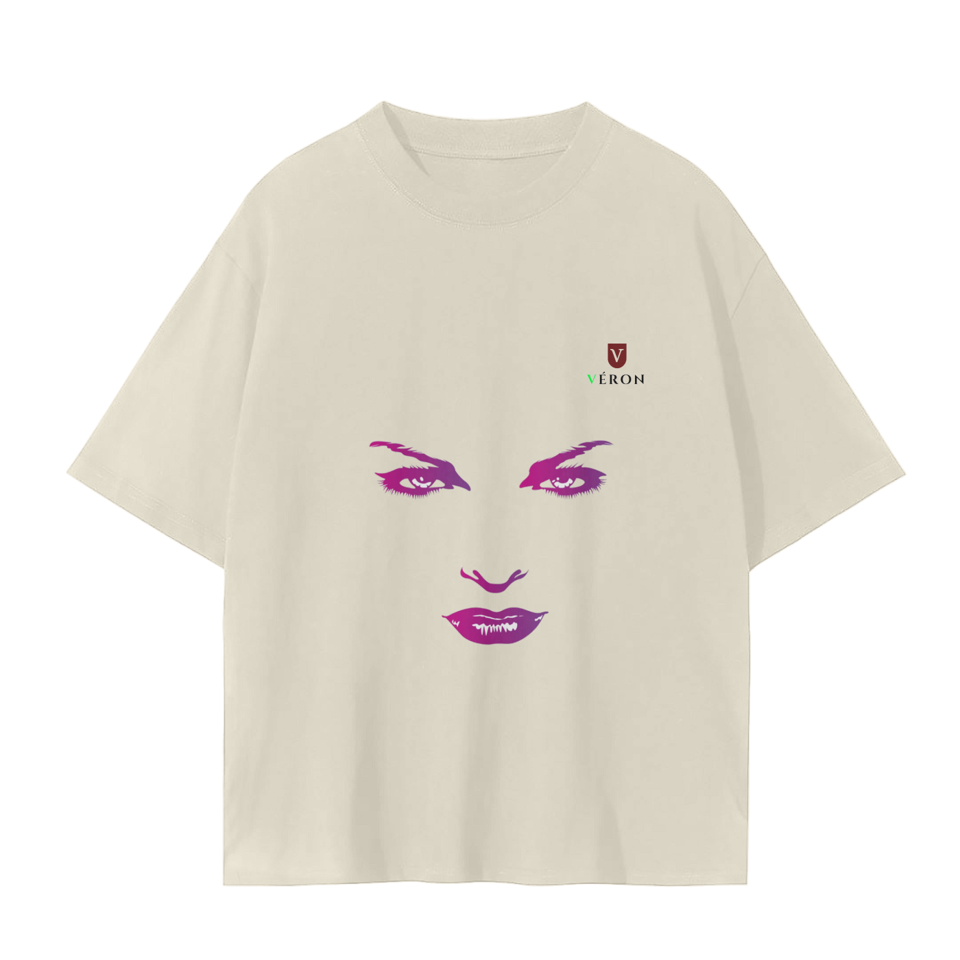 VERON Beige t-shirt with a face design and brand logo on a white background