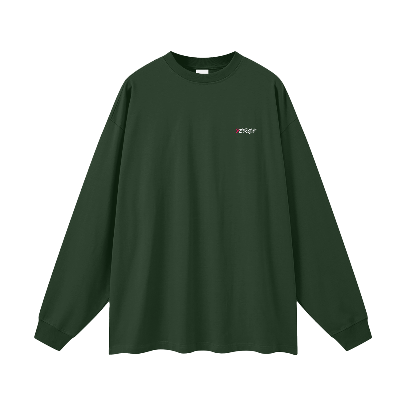 Green long-sleeve shirt with a small logo on a white background