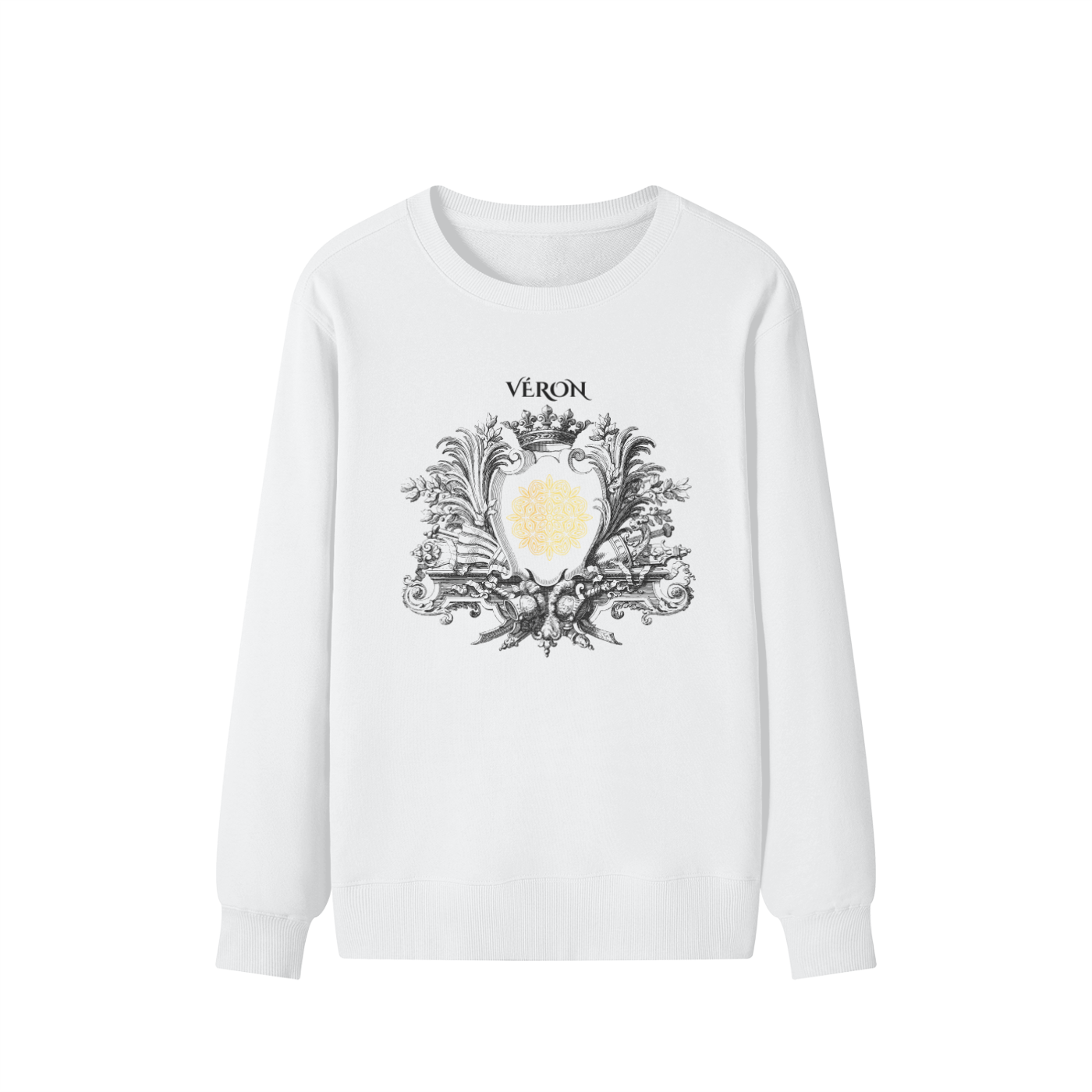 White Sweatshirt with decorative design and 'Véron' text on a white background