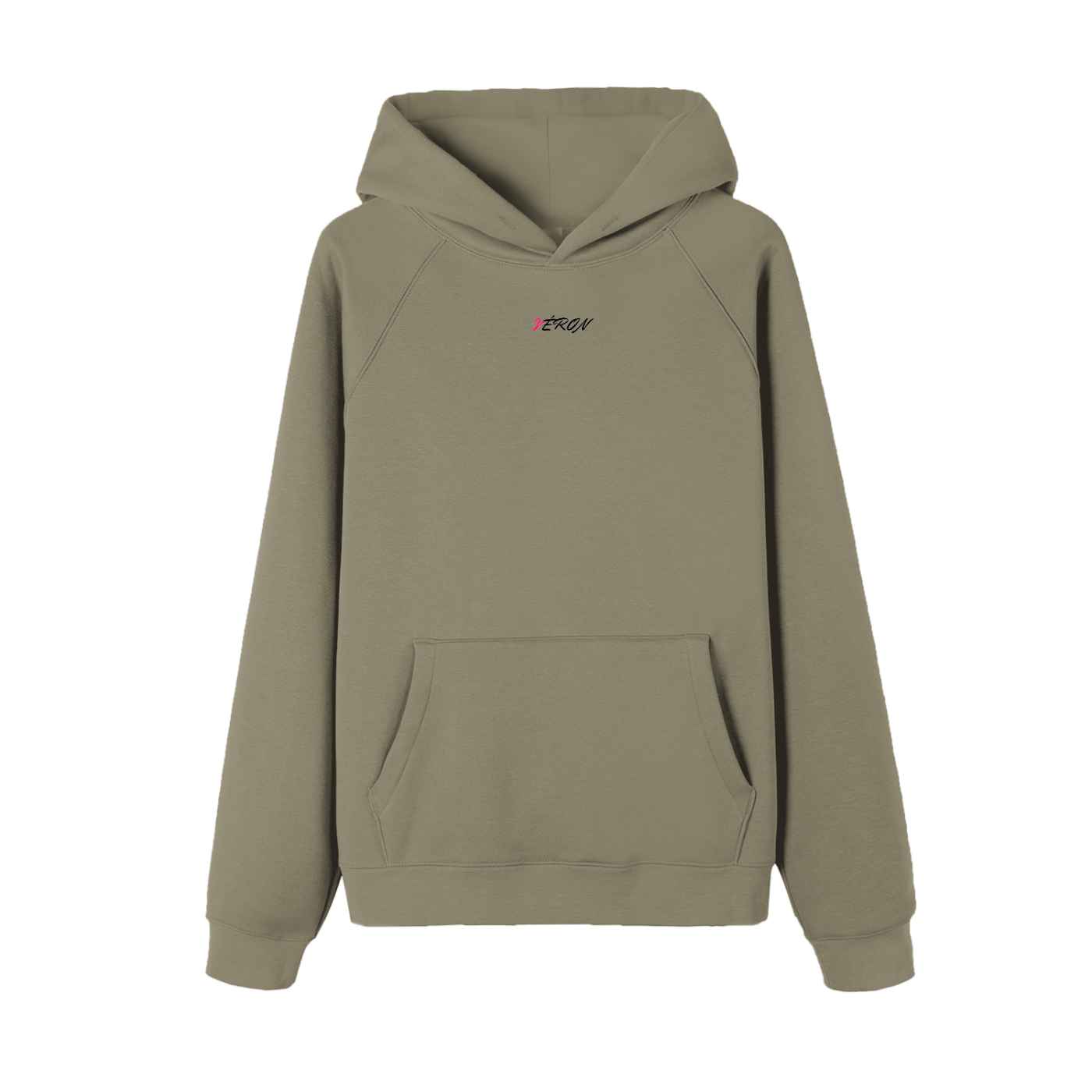Khaki hoodie with a brand logo on the chest against a white background.