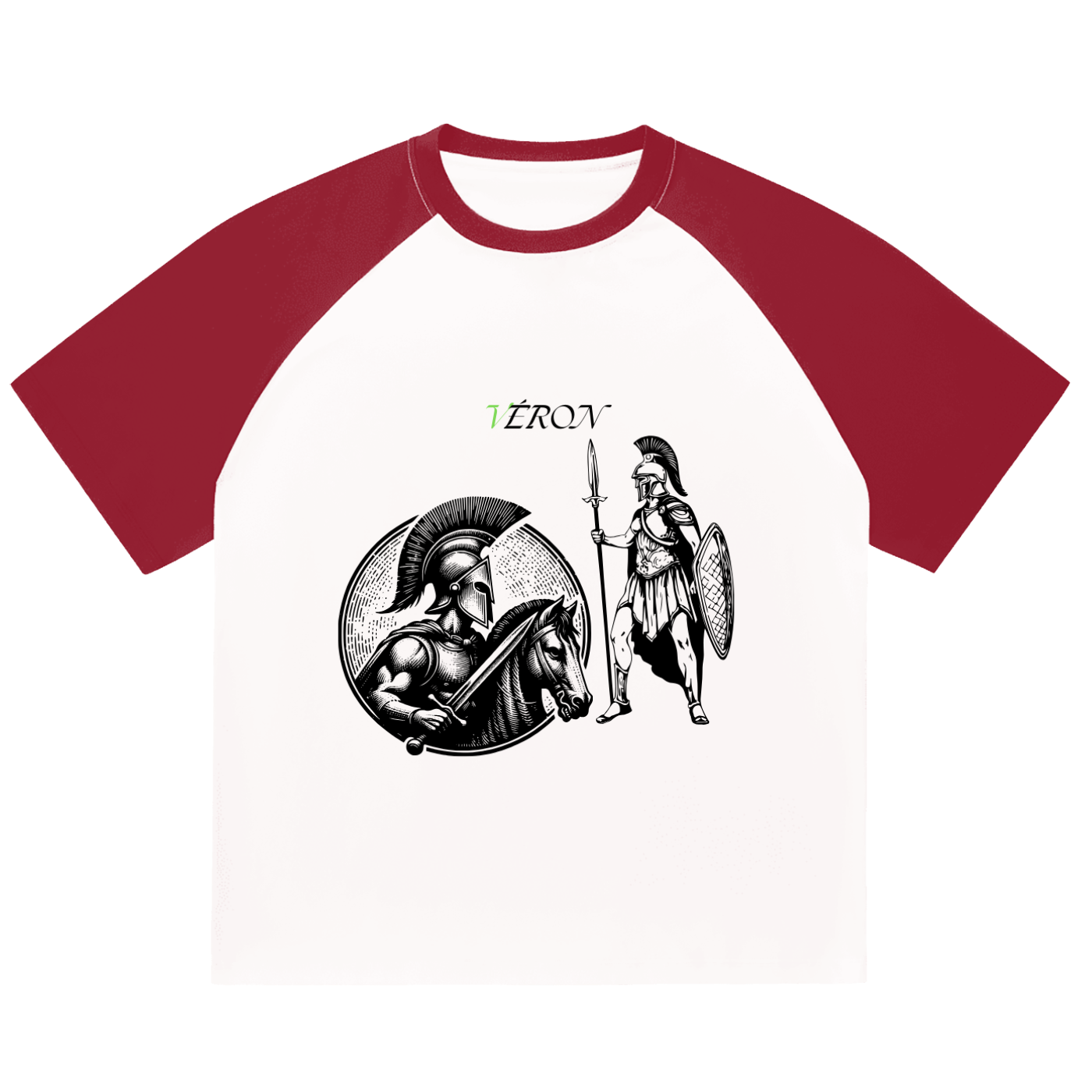 T-shirt with red sleeves and white body featuring a warrior design and 'Veron' branding.