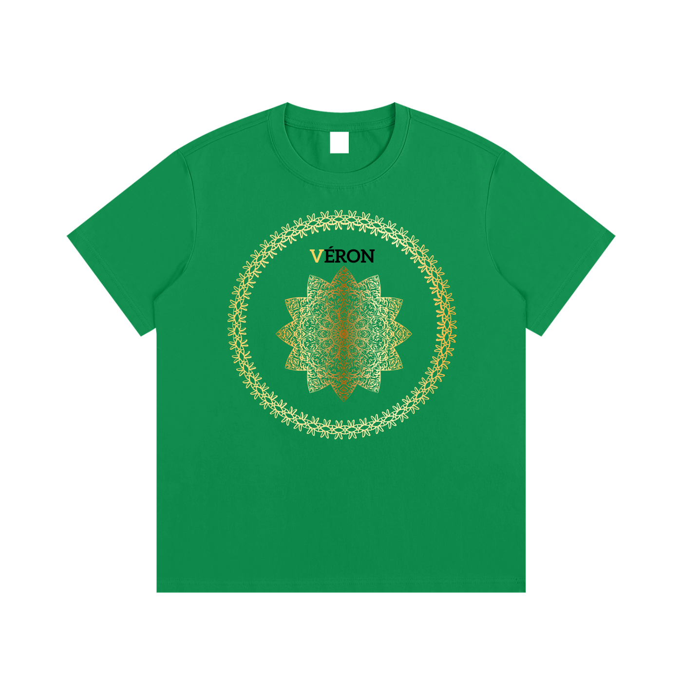 Green t-shirt with a gold and white design and 'VERON' branding on a white background
