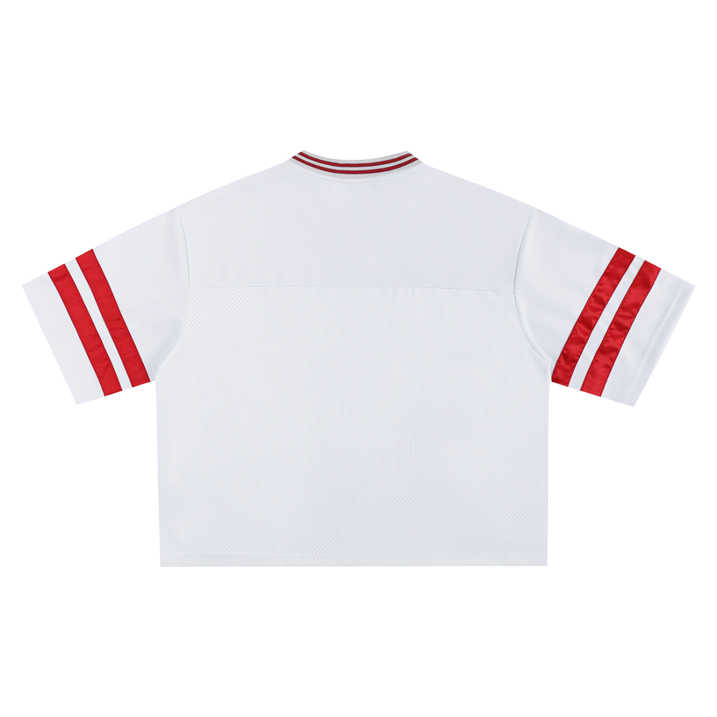 White baseball jersey with red accents on a white background