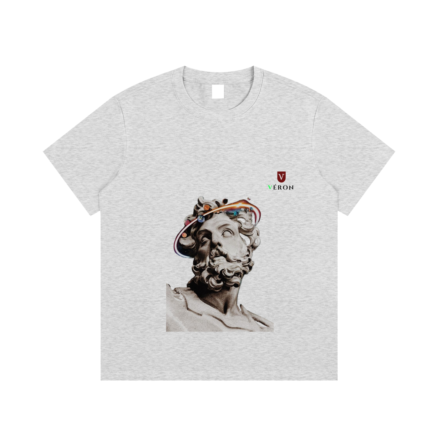 Gray t-shirt with a graphic of a classical sculpture wearing a modern hat on a white background