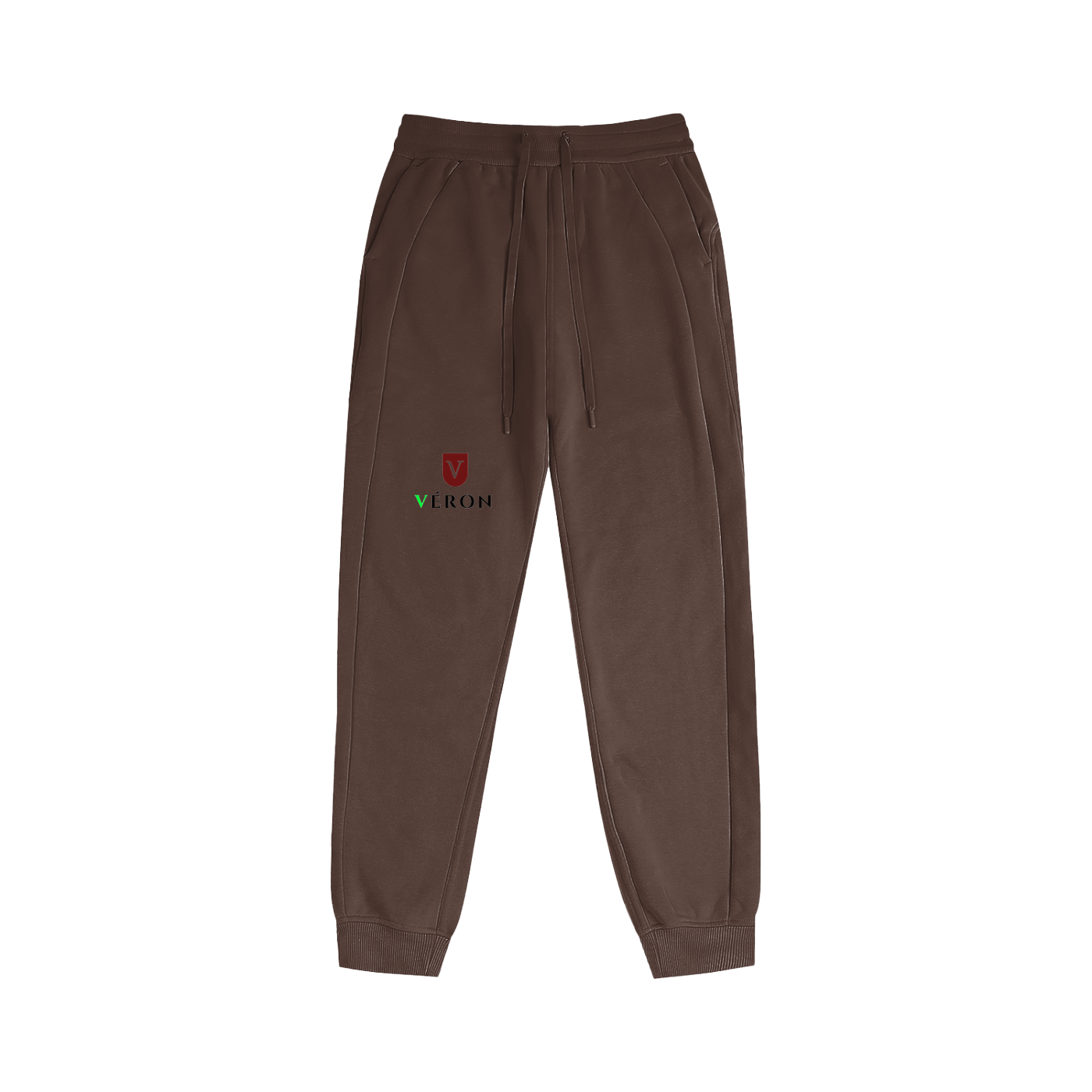 Brown sweatpants with a logo on a white background