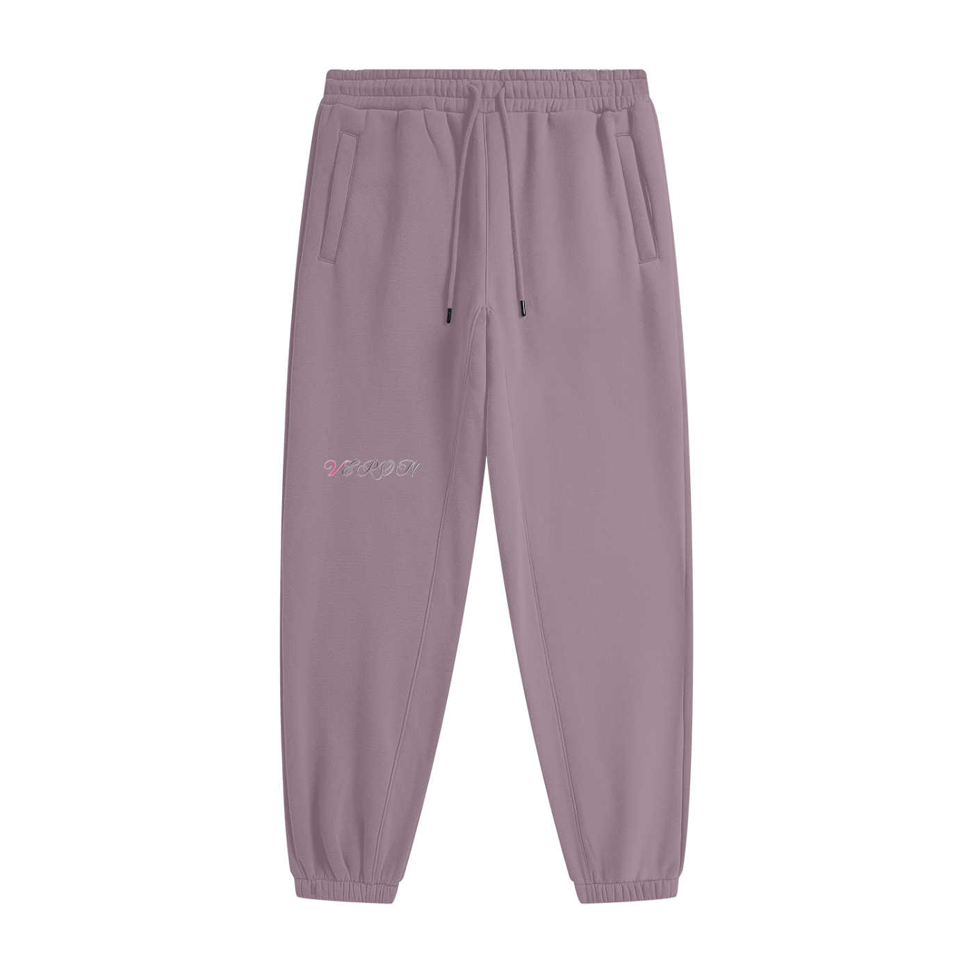 Purple sweatpants with a brand logo on a white background